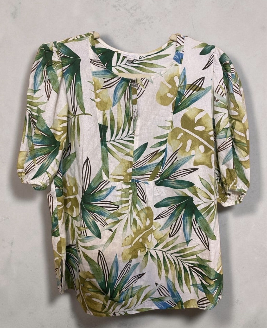 Sigrid Olsen Blouse Round Neck 3/4 Puff Sleeve Tropical Linen Rayon S