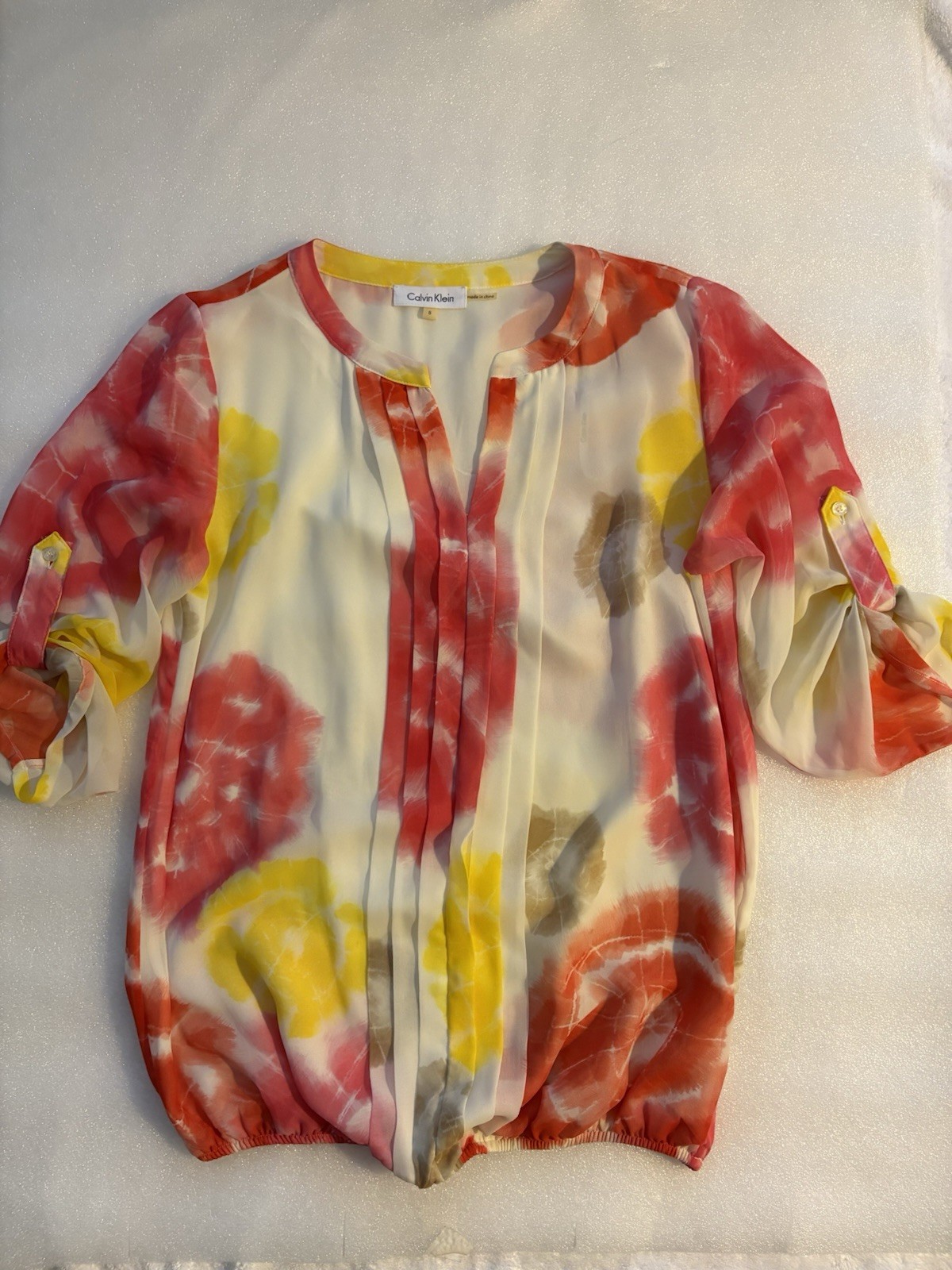 CALVIN KLEIN BLOUSE ROLL SLEEVE MULTI COLOR ABSTRACT Sz Small Excellent Cond .