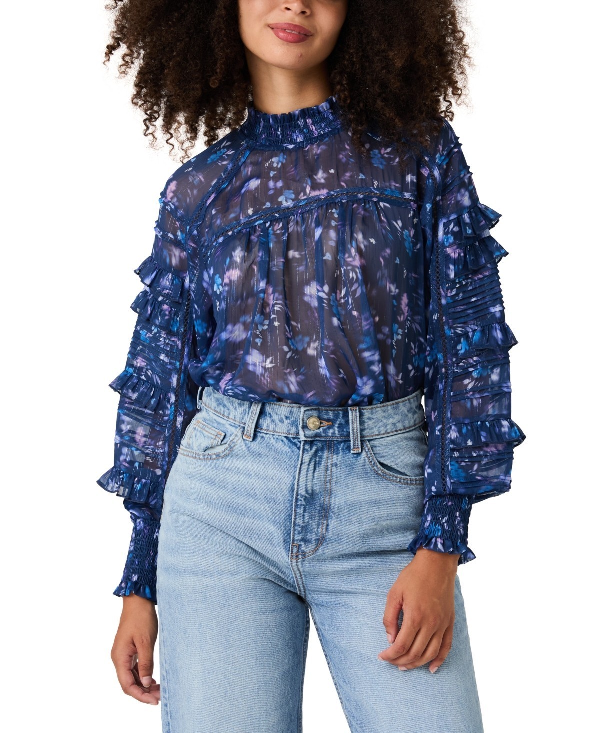 French Connection Smocked Anifrida Arica Pleat-Sleeve Top Women’s L Blue Depth
