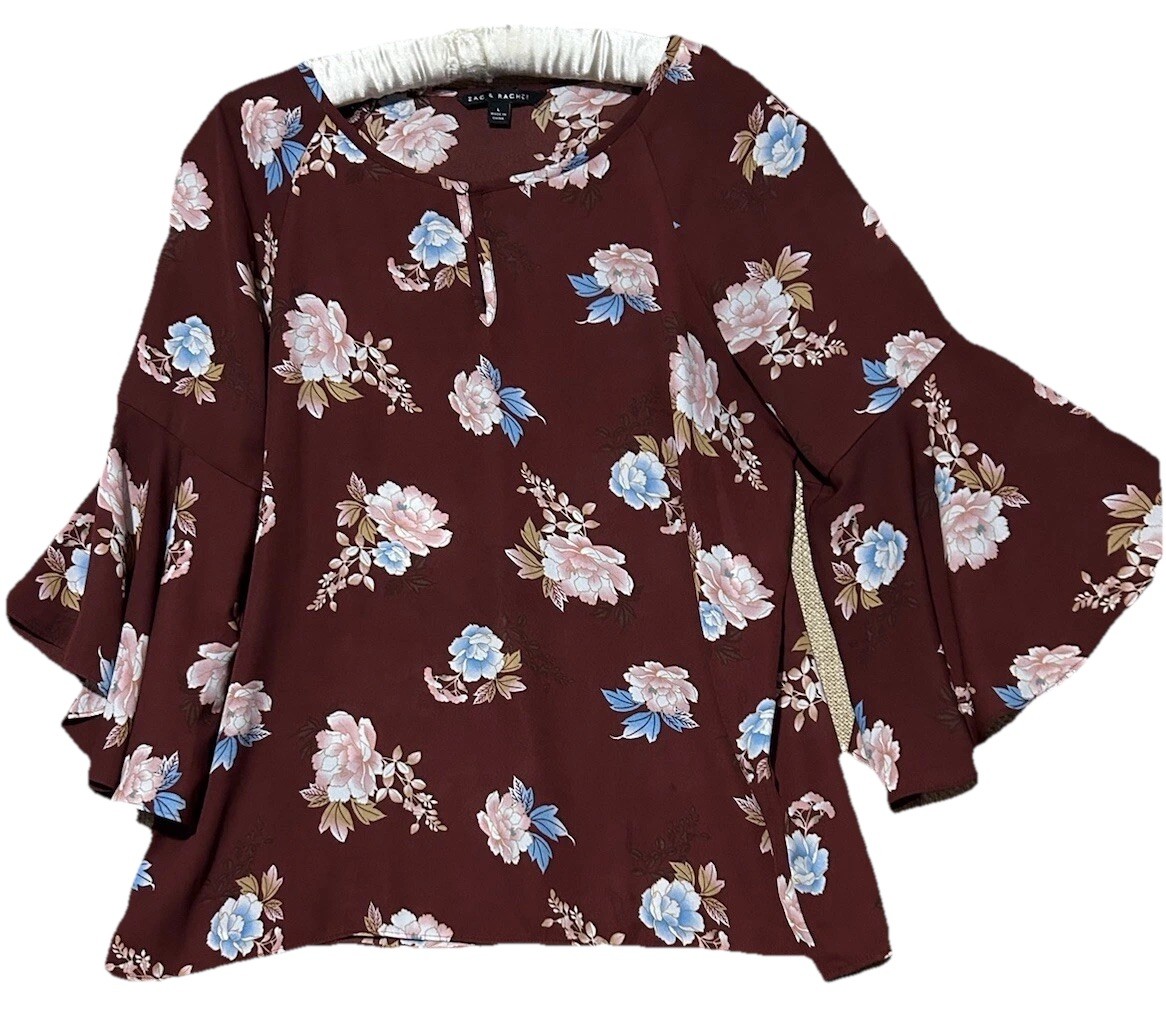 Zac & Rachel Top L Cute Silky Burgundy Floral Cottagecore Fairycore Shirt Blouse