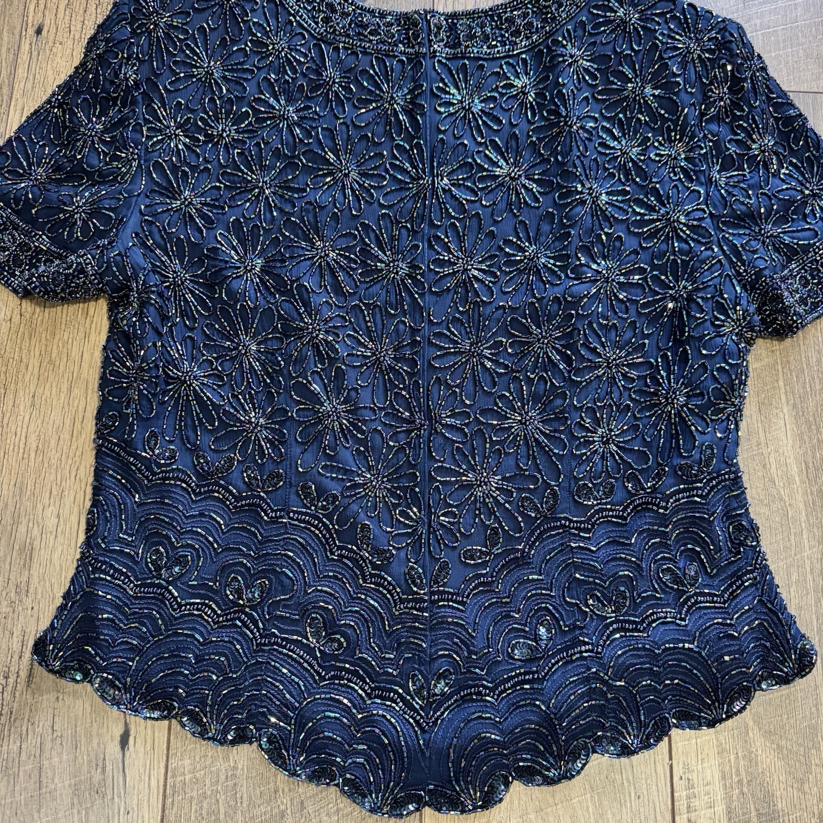 Vintage Papell Occasions Evening Navy Beaded Sparkle Top Blouse Shirt Silk SZ 12