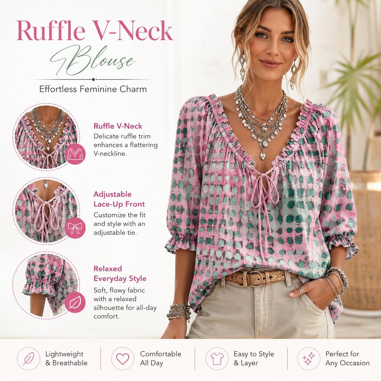 Women’s Summer Casual V Neck Polka Dot Lace Up 3/4 Sleeve Blouses, Dressy Loose