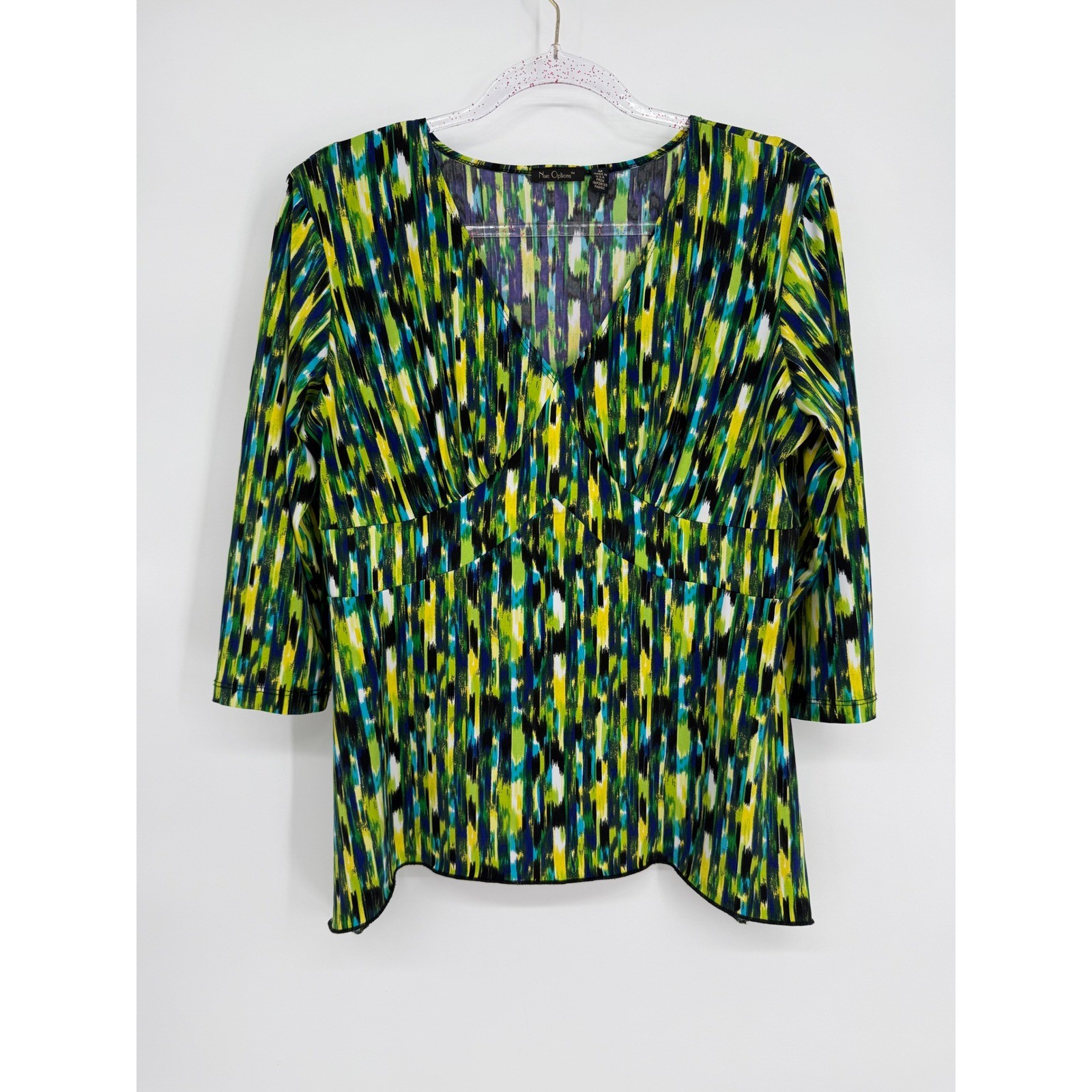 Nue Options Womens V-Neck 3/4 Sleeve Abstract Print Top Green Blue Yellow Sz M