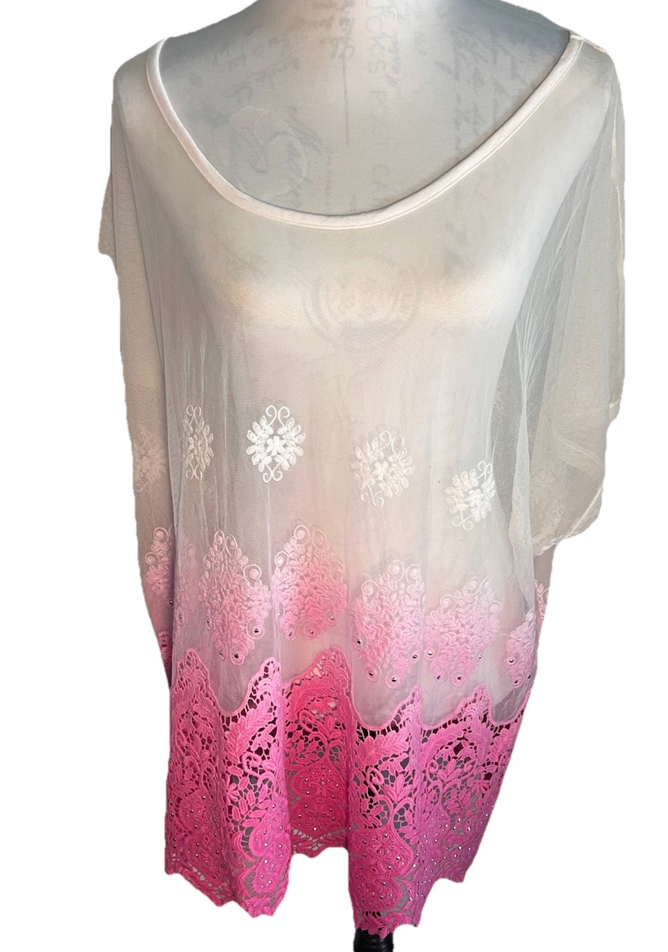 I.N.C. Pink White Silver Sequin Sheer Chiffon Open Geo Embroidery Tunic 2X