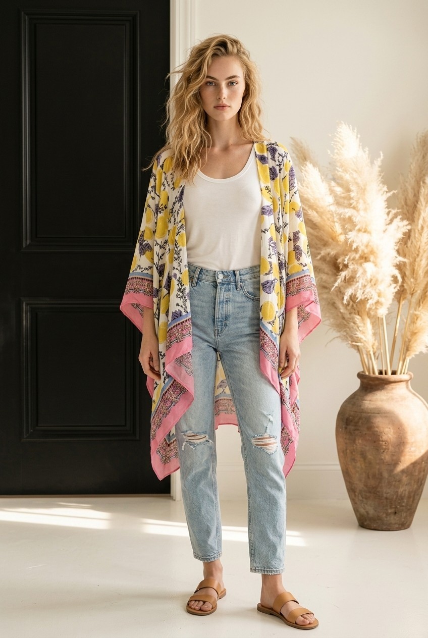 Soft Surroundings Limoncello Kimono Topper Shawl One Size Coastal Boho Duster