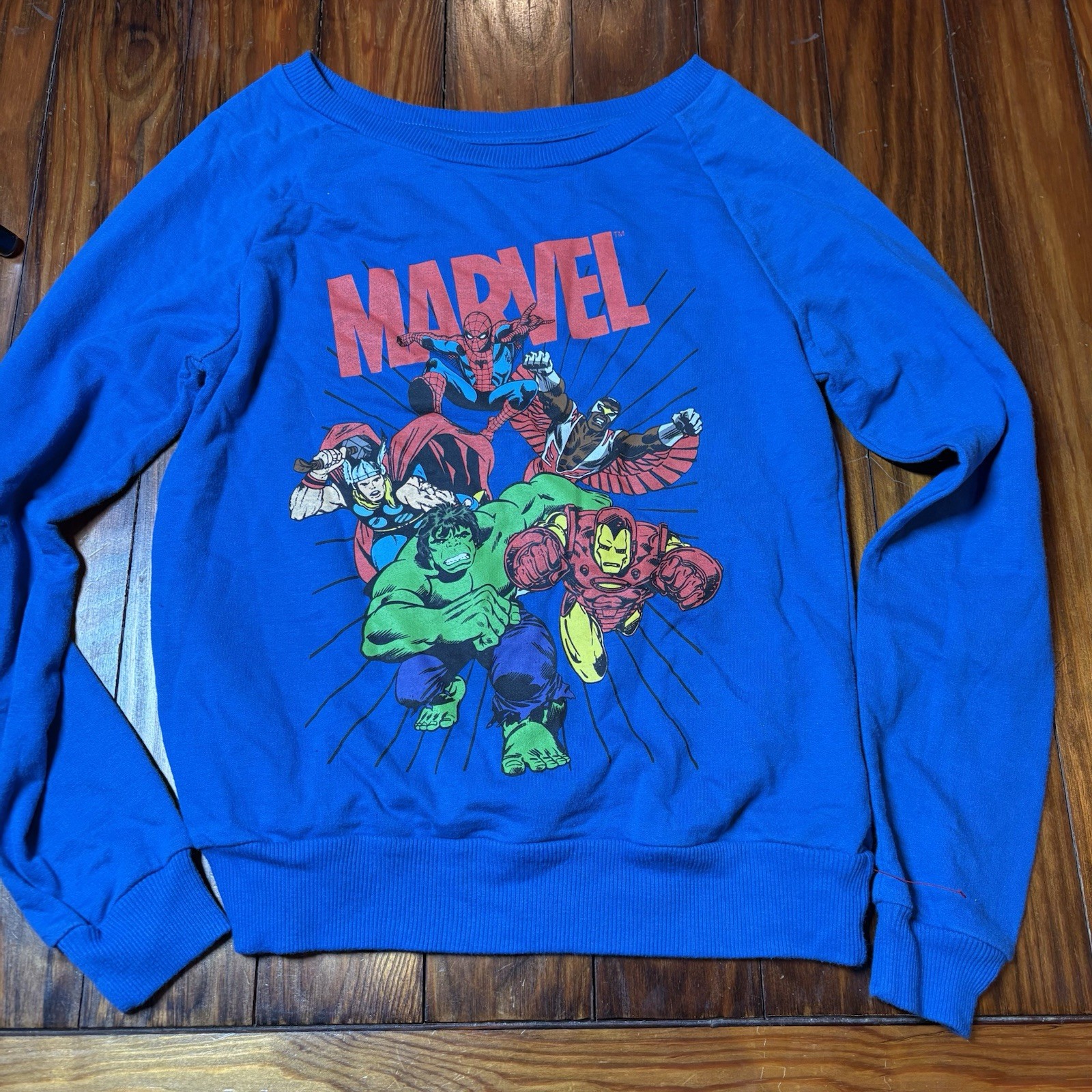 Marvel Blue Jr Womens Long Sleeve Avengers Hulk Thor Shirt Spider-Man Sz S A3357