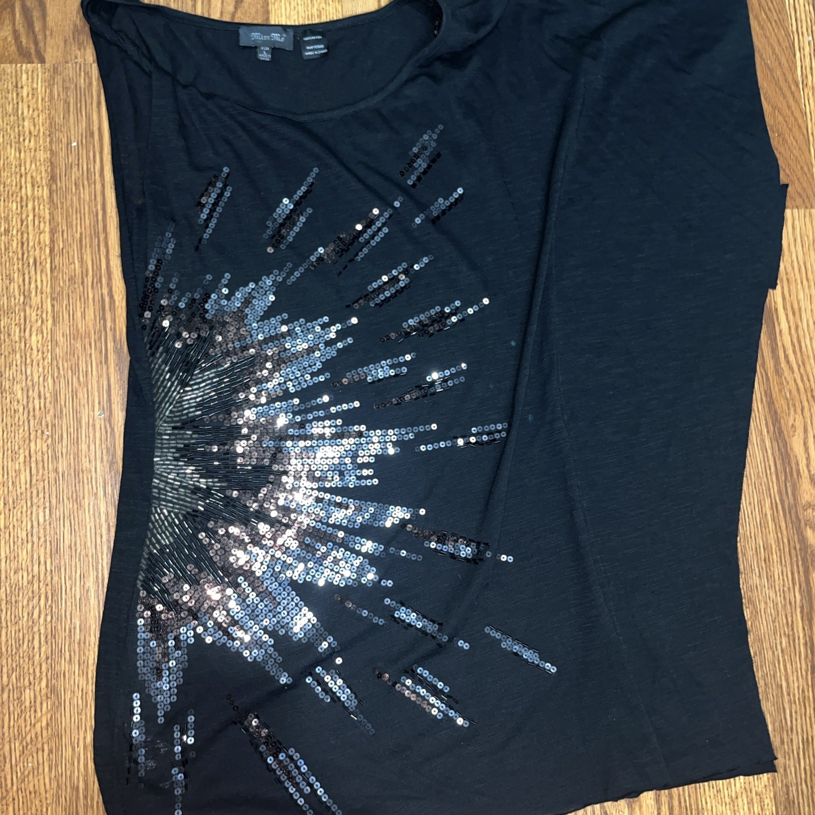 Miss Me Black Top Shirt Rayon Studded Firework Sparkle Design Size L