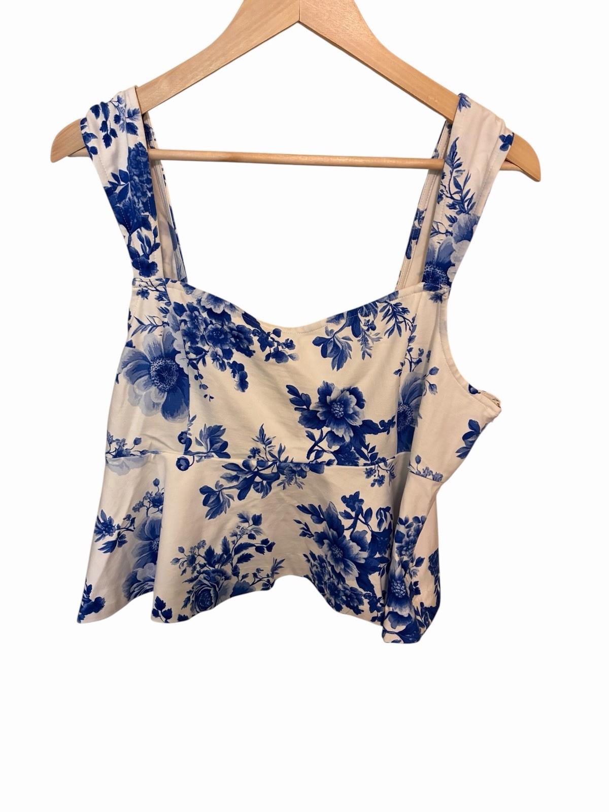 Anthropologie Maeve size XL square neck peplum top blue & white floral toile