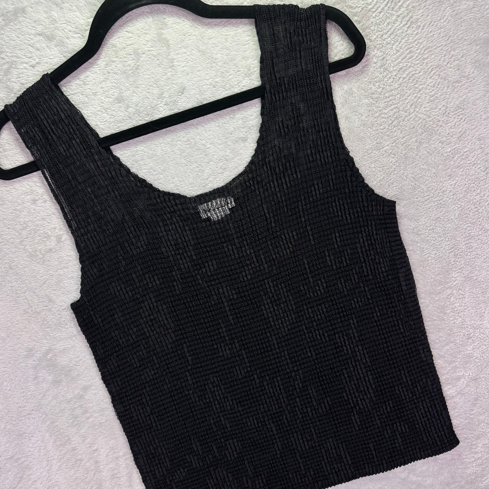 Nicola Women Tank Top Sz L Black Semi Sheer Textured Popcorn Knit Scoop Neck
