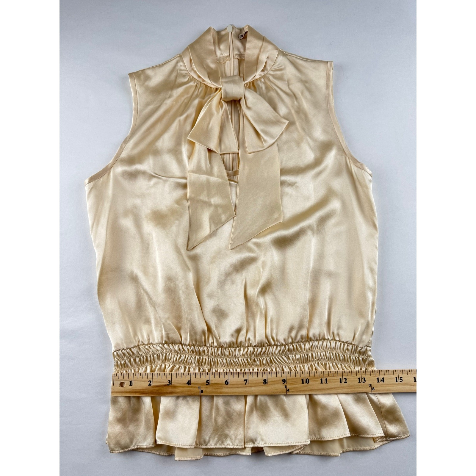 Nanette Lepore 100% Silk Sleeveless Bow Neck Blouse Champagne Ivory Size 2 USA