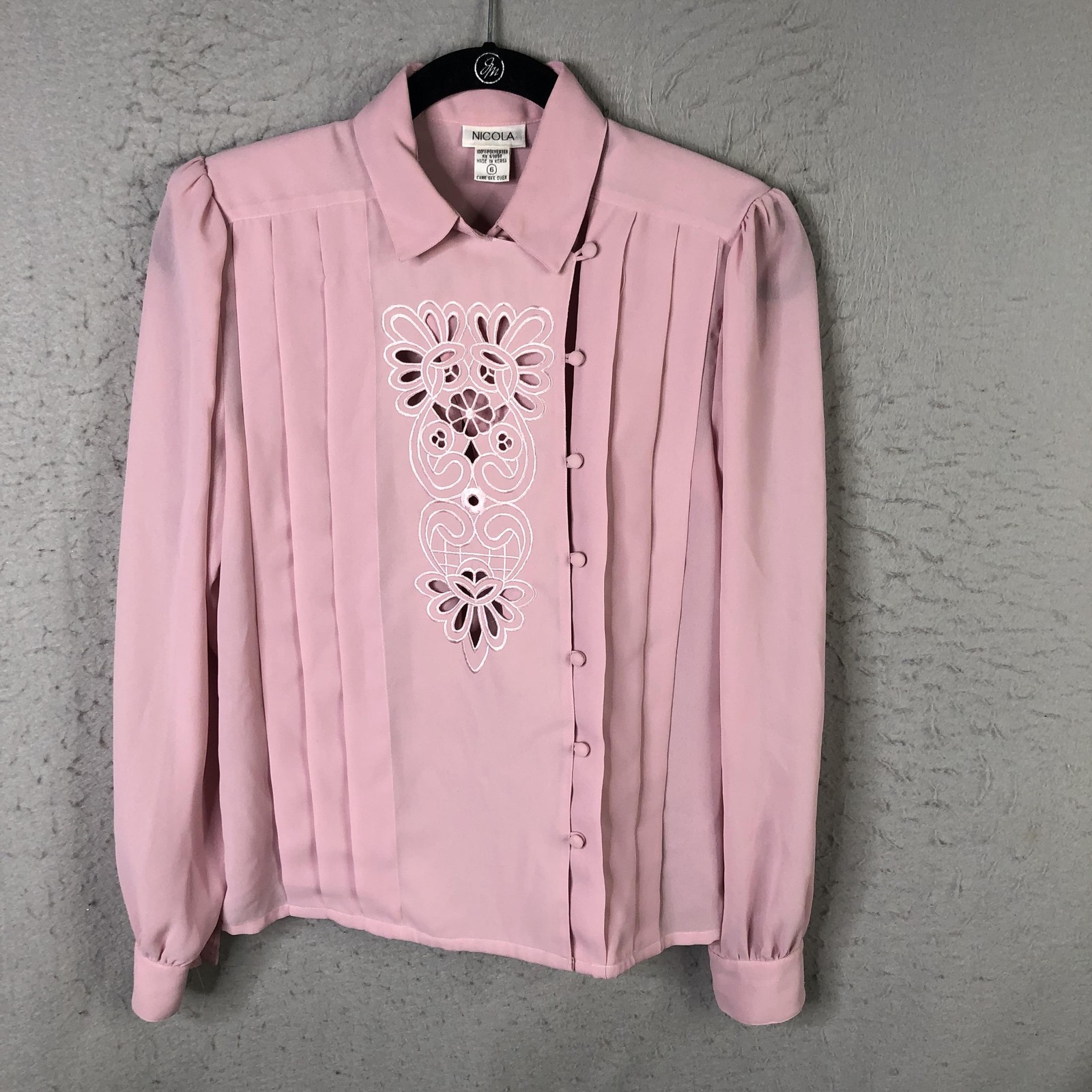 Vintage Feminine Blouse Women 6 Pink Embroidered Cutout Pleated Secretary Pastel