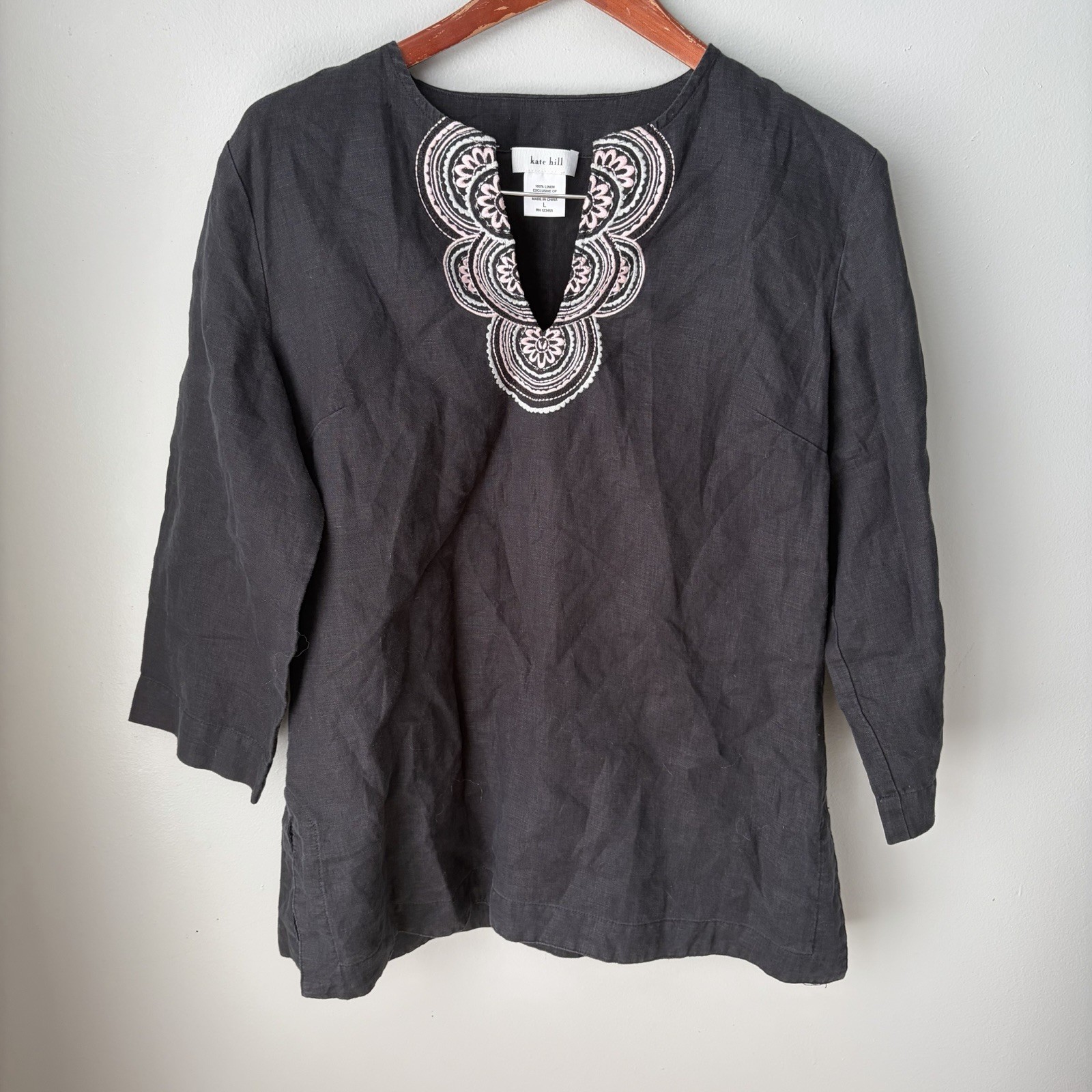KATE HILL Linen Two Piece Set Wide Leg Pants & Tunic Embroidered Top Black Sz L