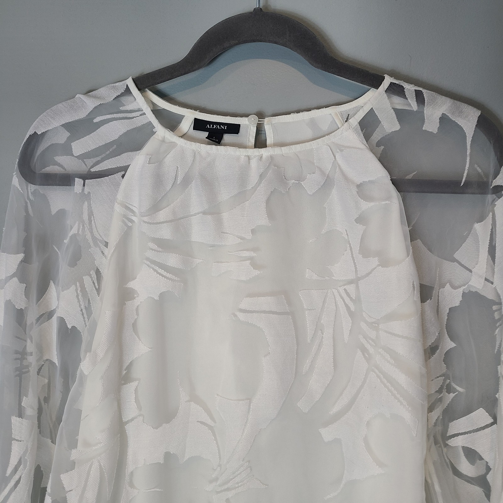 Alfani White sheer top Sz Large Boho Cottage Long Sleeve Resort Wedding Beach