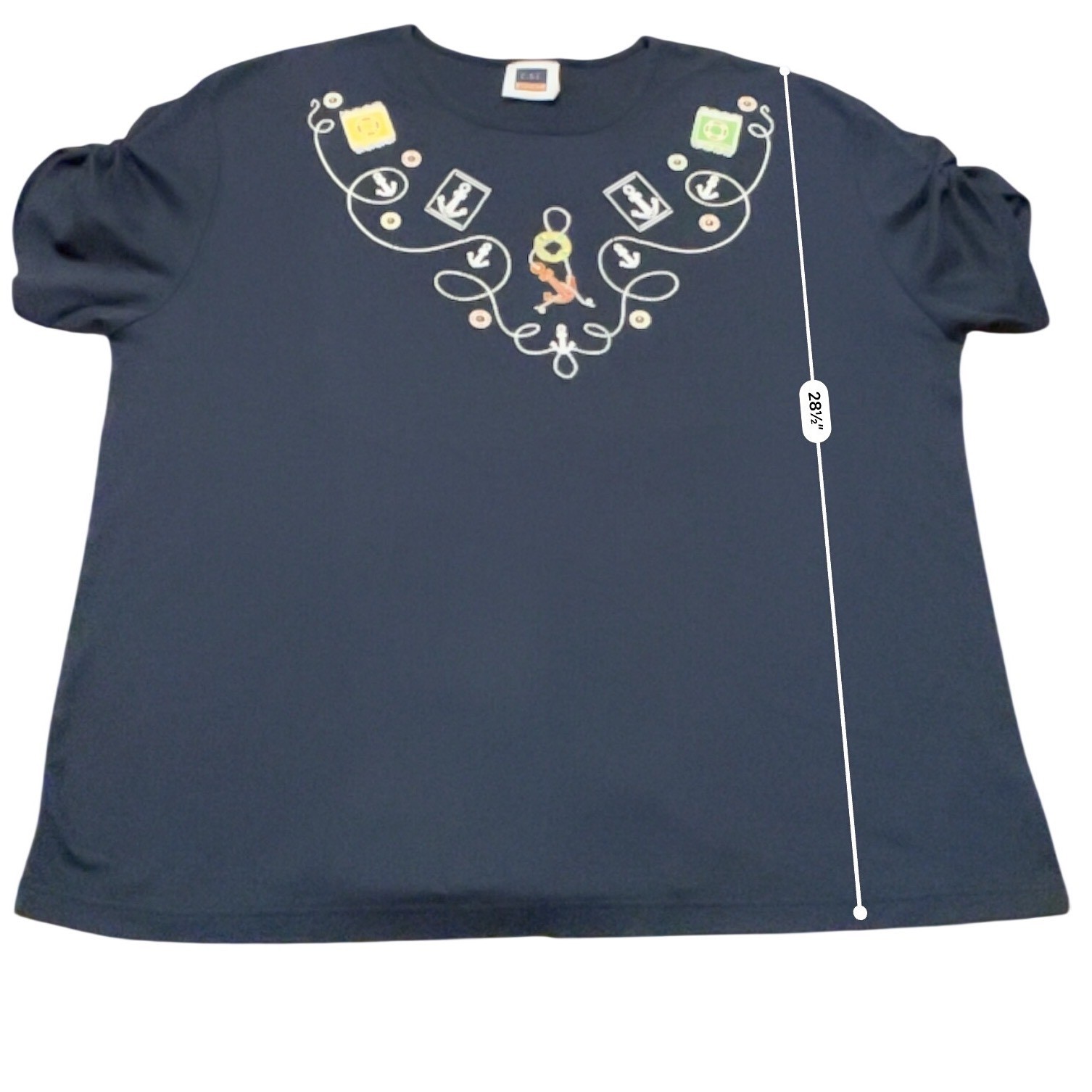 Vintage Wms 2X Midnight Blue Nautical Anchor Embroidered Puff Sleeve Top Coastal