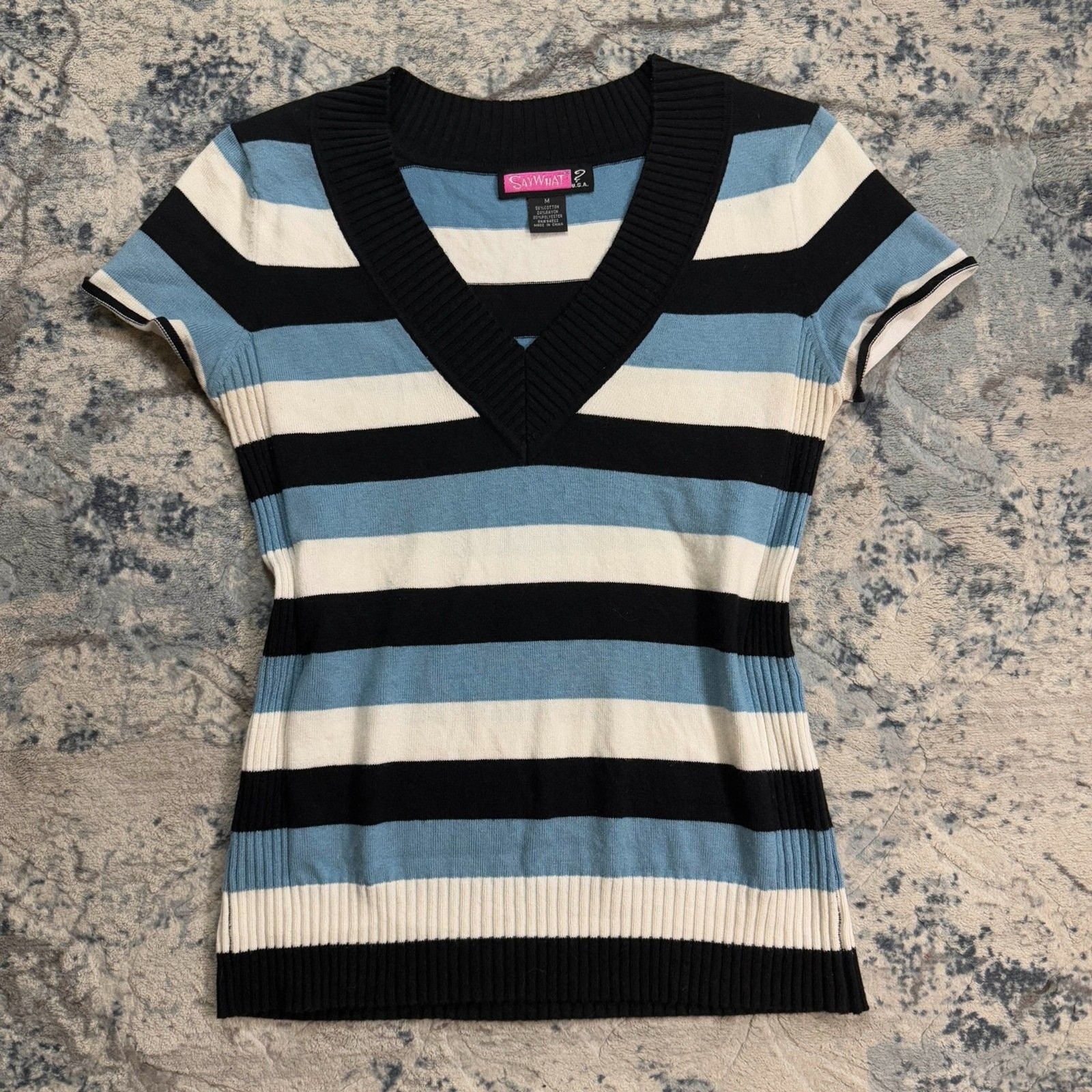 Y2K Say What 90s Vtg Blue White Blk Striped Short Sleeve Sweater 2000s Preppy M