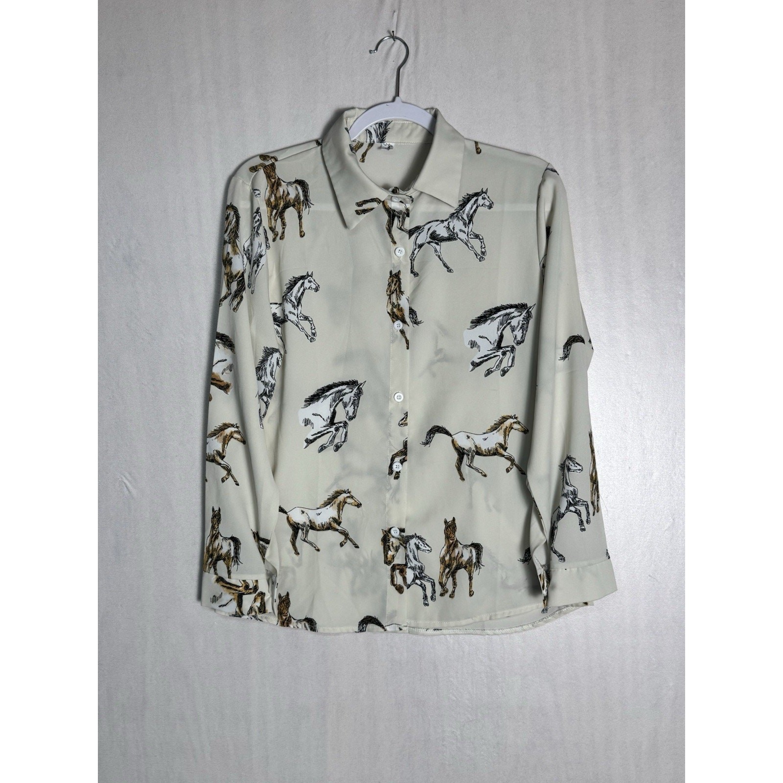 Horse Print Womens Blouse Western Equestrian Cowgirl Chic Button Front Shirt M