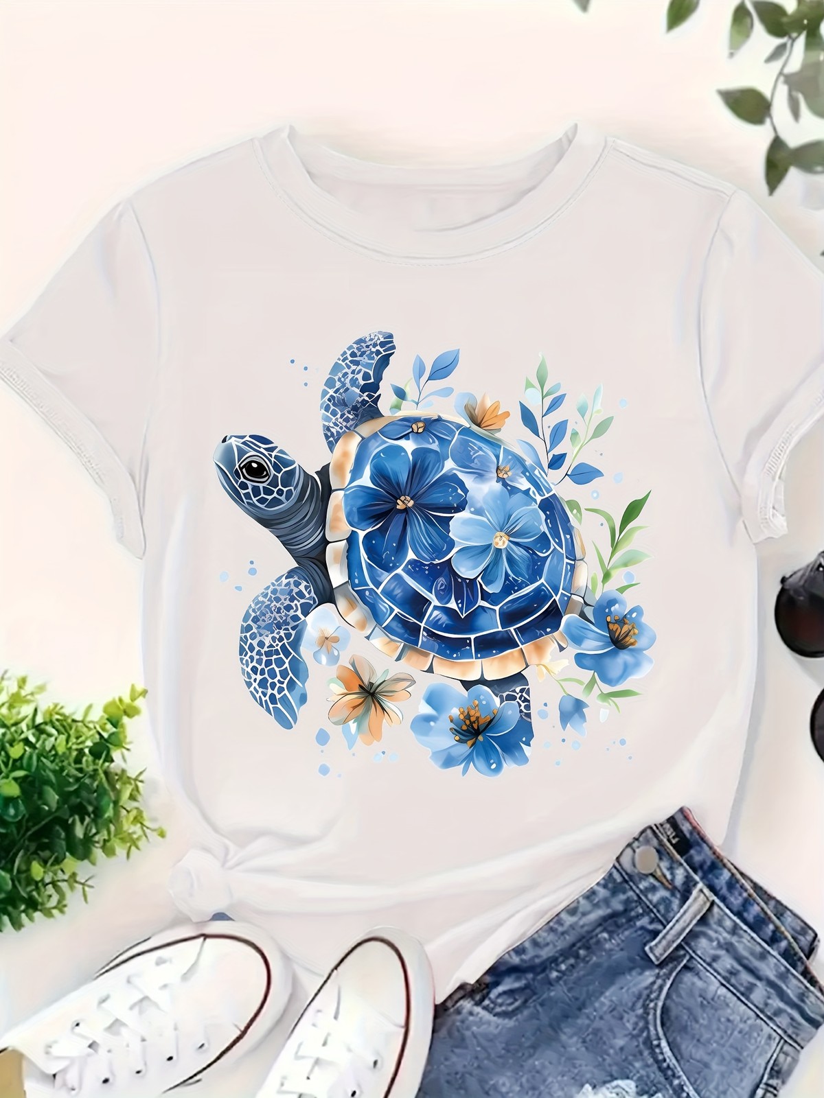 Stylish Blue Sea Turtle Ocean Animal Floral Pattern Printed T-Shirt for Women ▧