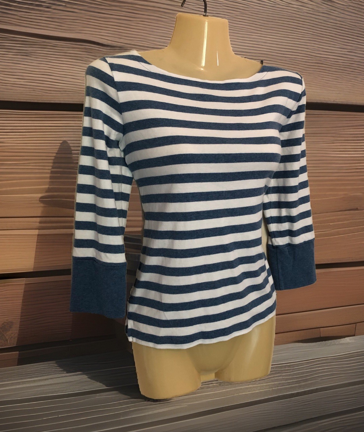 Jones New York 3/4 Sleeve Top Petite Size Large (PL) Nautical Blue White Stripe