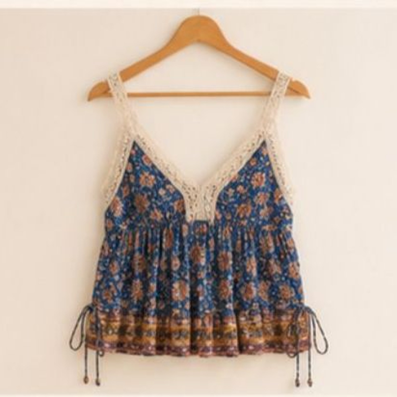Angie Floral Crochet Babydoll Cami Top Romantic Bohemian Chic Paisley Blue Small