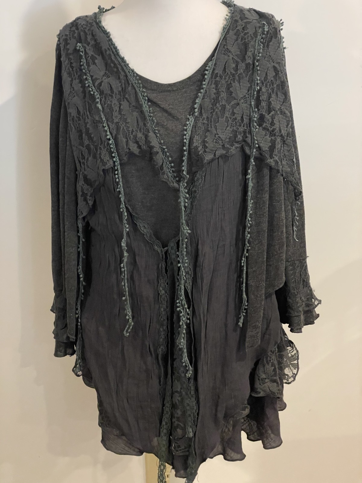 Pretty Angel Tunic Womens Boho Layered Romance Top Green Beaded SZ M