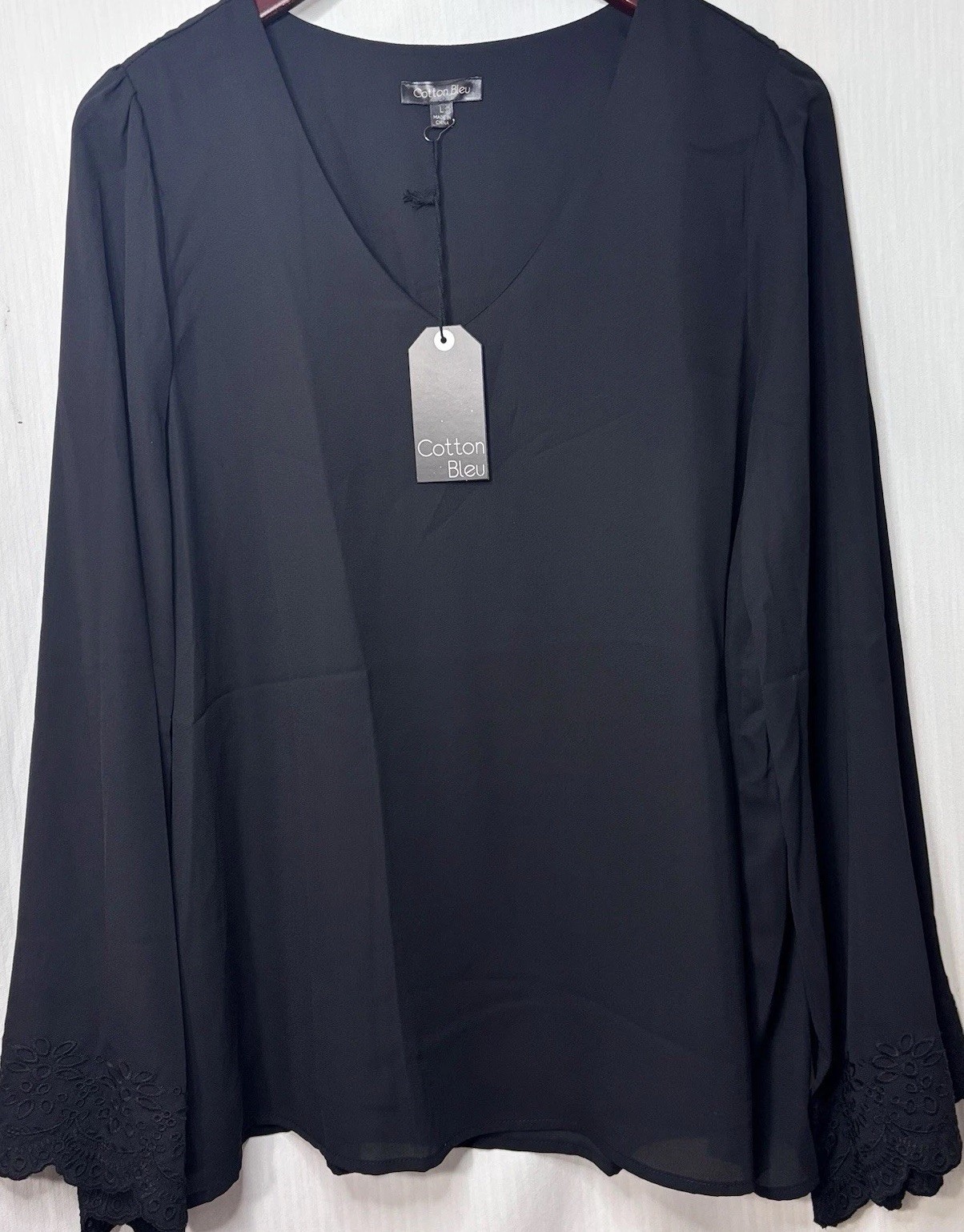 Cotton Bleu Black Blouse L NWT Lace Bell Sleeve V Neck Lined Boho Top