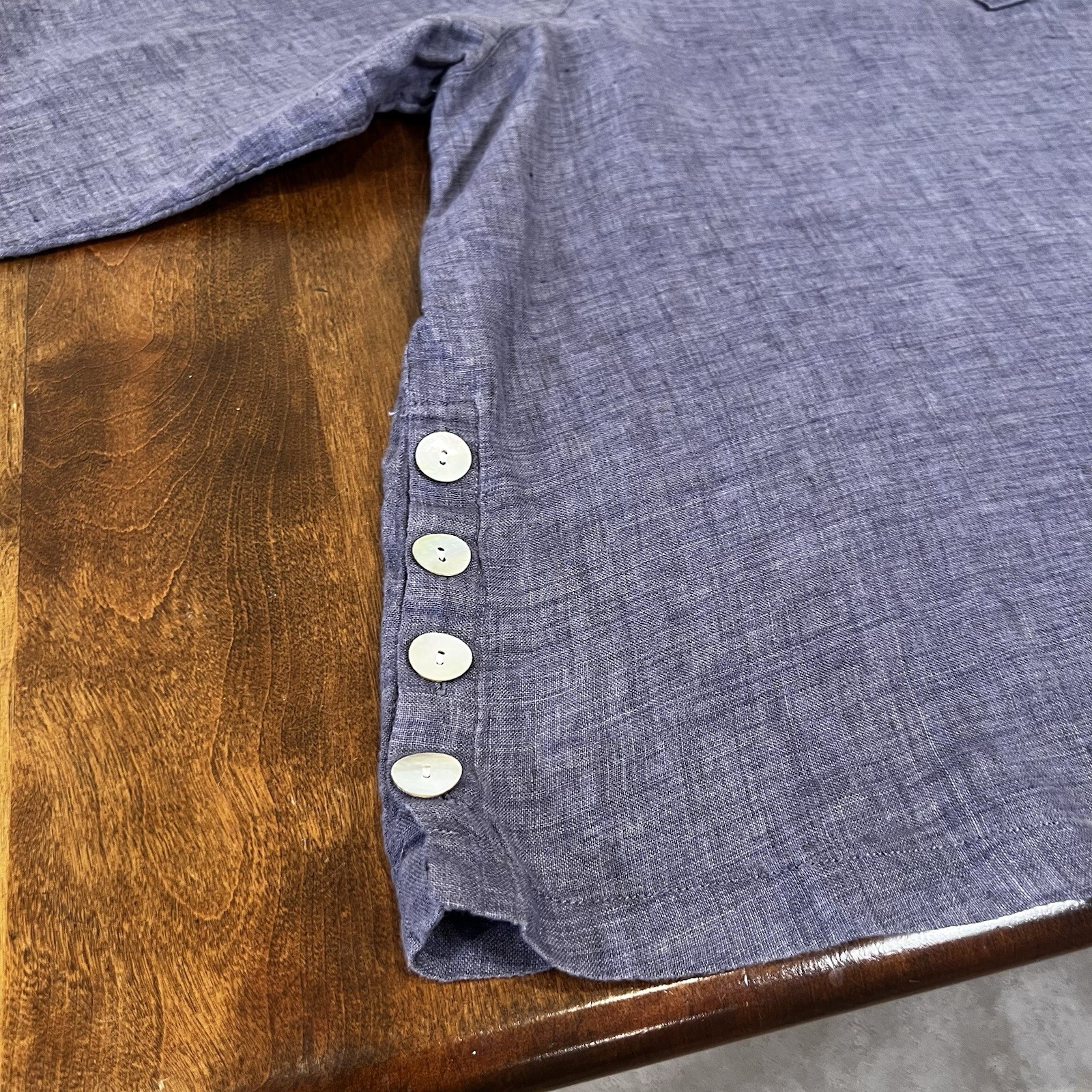 Tahari Womens 100% Linen Tunic Top 3X Blue Split Neck Popover Button Side Detail