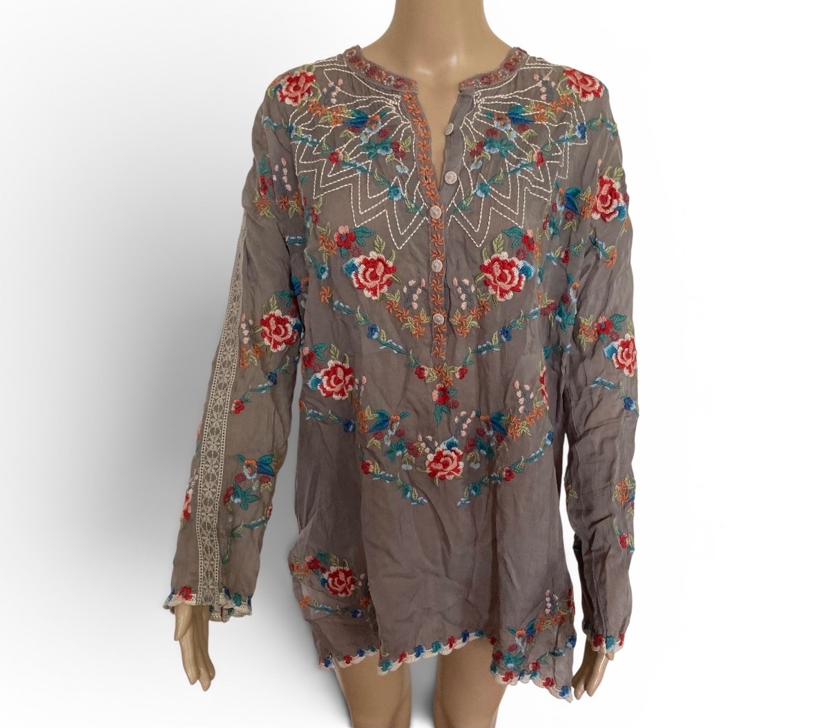 Johnny Was Floral Embroidered Grey Cupra Rayon Long Tunic Blouse Size Small