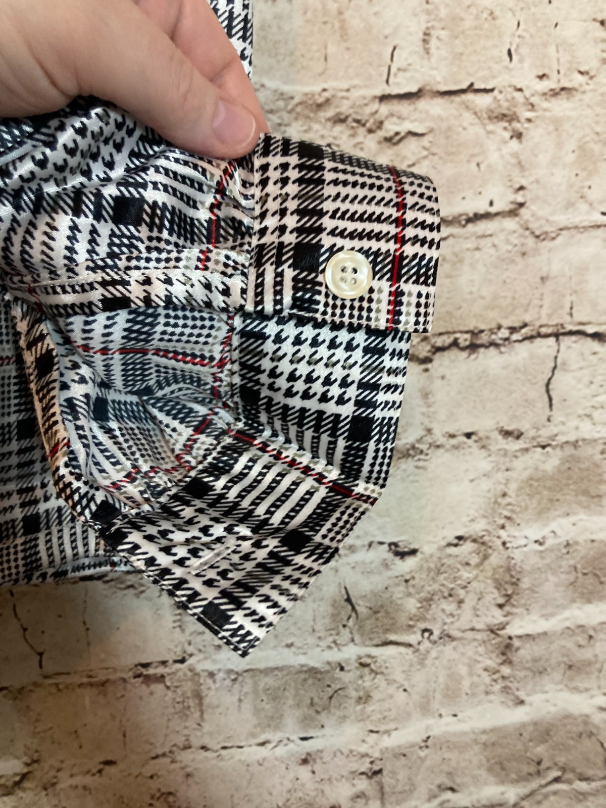 Koret Top Women 14 Black White & Red Houndstooth Satin Button Up Tie Neck Office