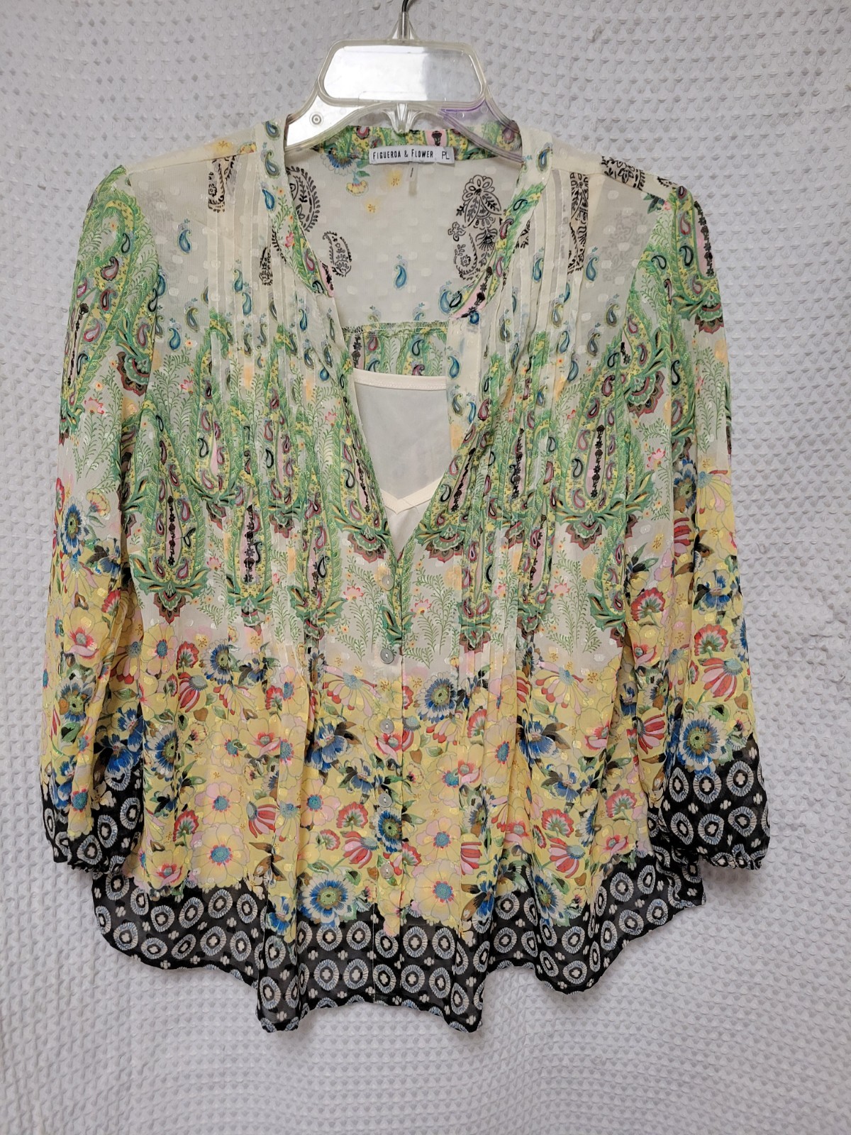 FIGUEROA & FLOWER Size PL Women’s Top Boho Long Sleeve Button Blouse w/Cami