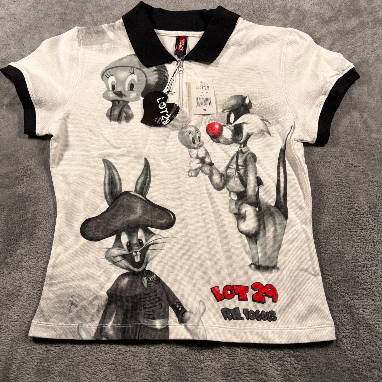 Lot 29 Polo Shirt Womens XL White Black Bug Bunny Tweety Sylvester 1/4 Zip NWT