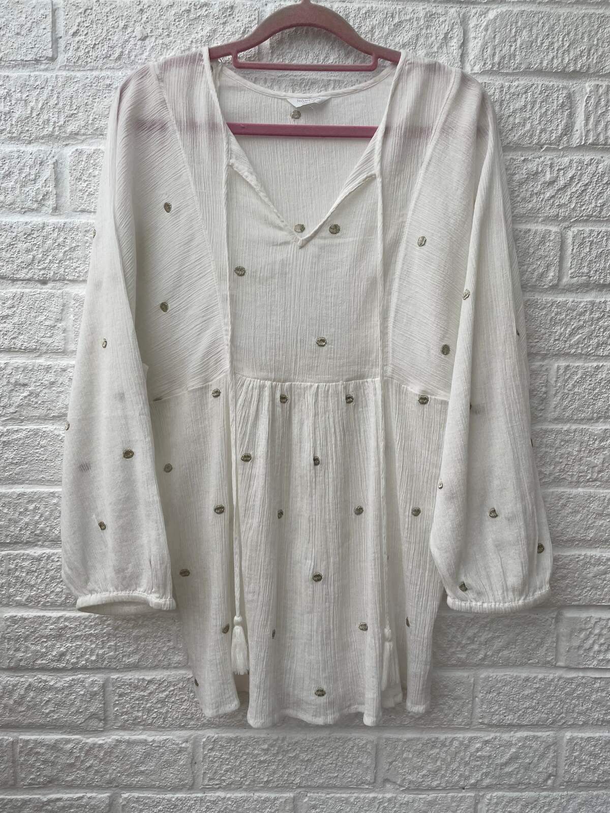 Monsoon White Crinkle Cotton Embroidered Loose Fitting Top Size UK 14