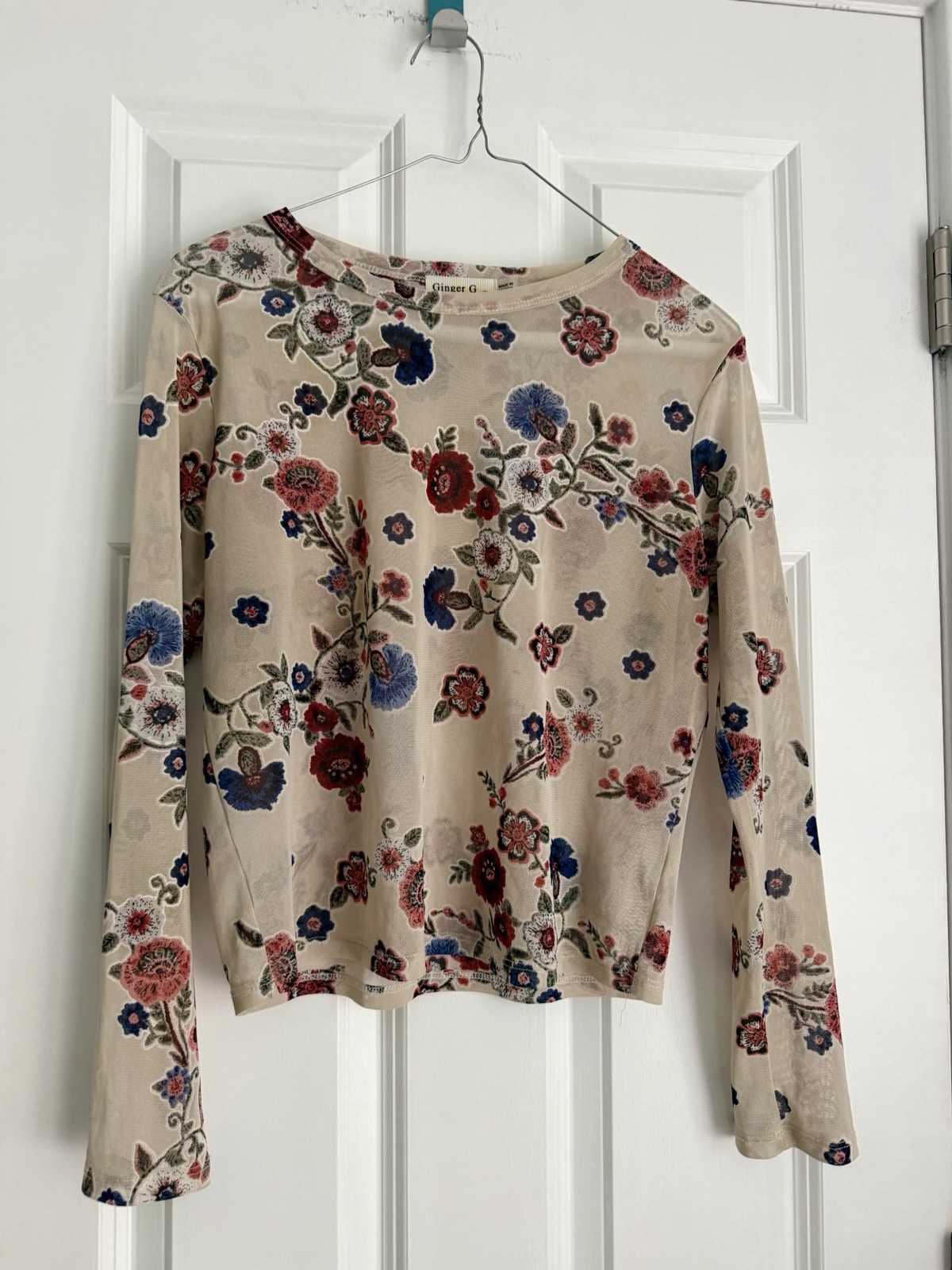 Ginger G Beige Floral Mesh Long Sleeve Top Size Large Y2K Boho Festival