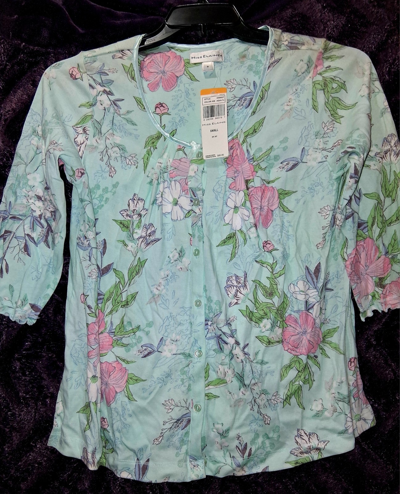 Miss Elaine Women’s Aqua Floral Round Neck Button-Up 3/4 Sleeve Top S