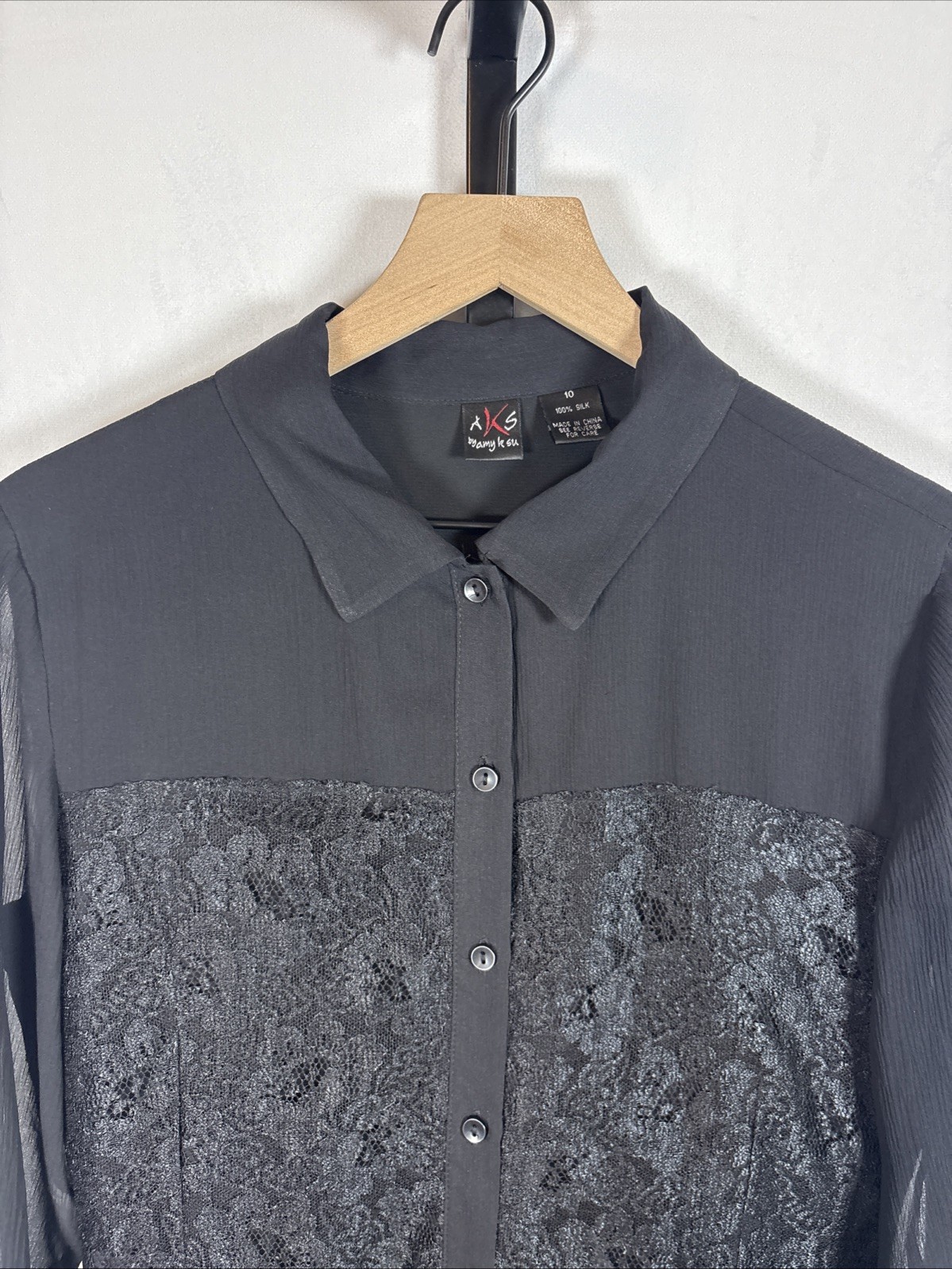 Vintage AKS Amy K Su Black Silk Blouse Womens 10 Sheer Lace Top Whimsigoth 90s