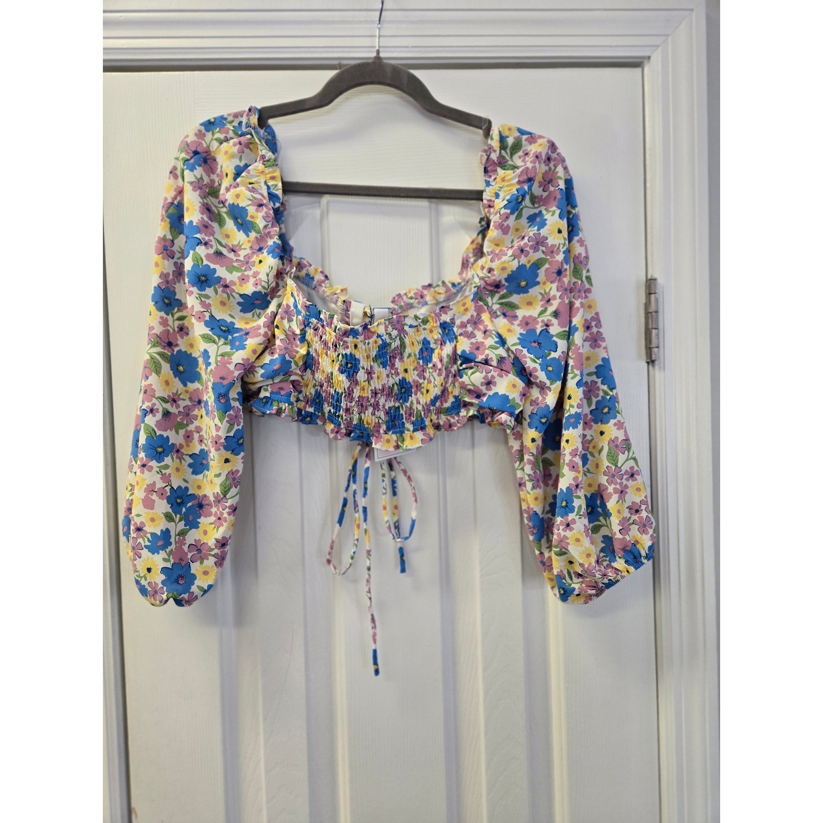 Floral Lace Up Crop Top Puff Sleeve Smocked Back Cottagecore Coquette Babydoll