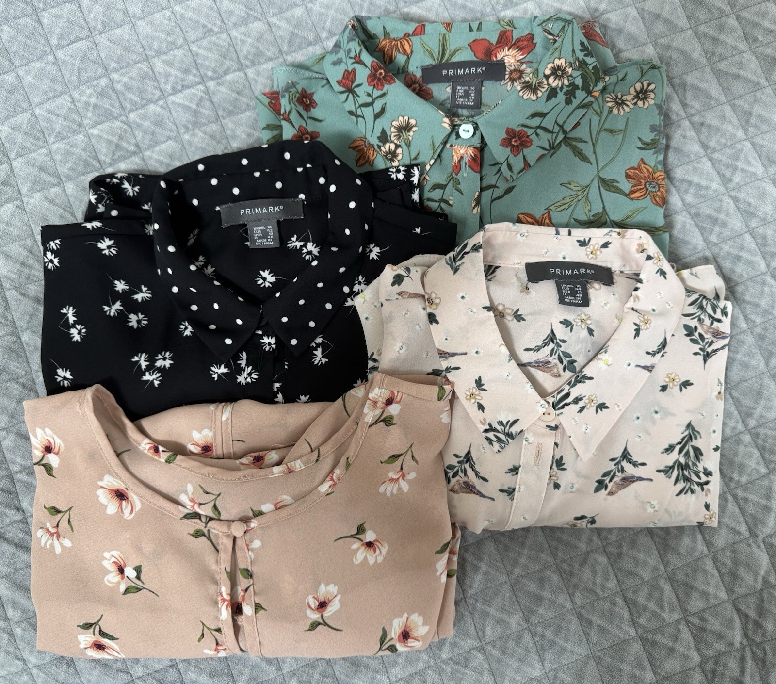 Primark 4-pack Print Blouses Women Size US 10 Black, Green, Light Pink, Beige