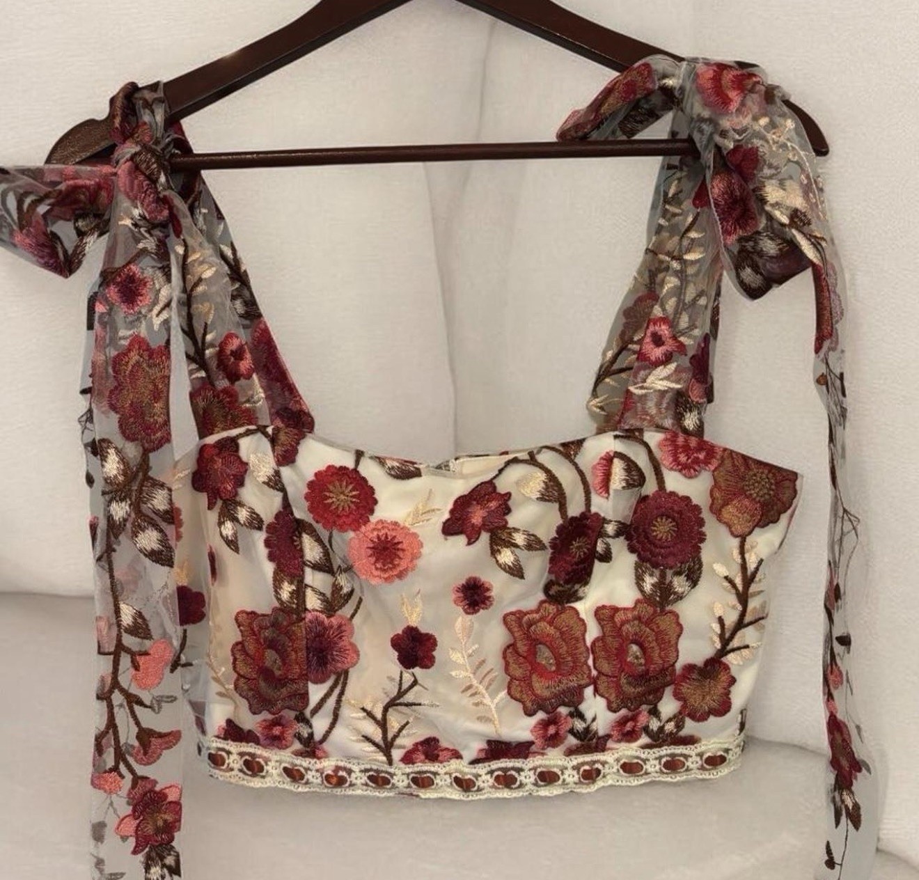 Altar d State Size S Floral Braxlin Embroidered Mesh Tie Strap Cropped Top