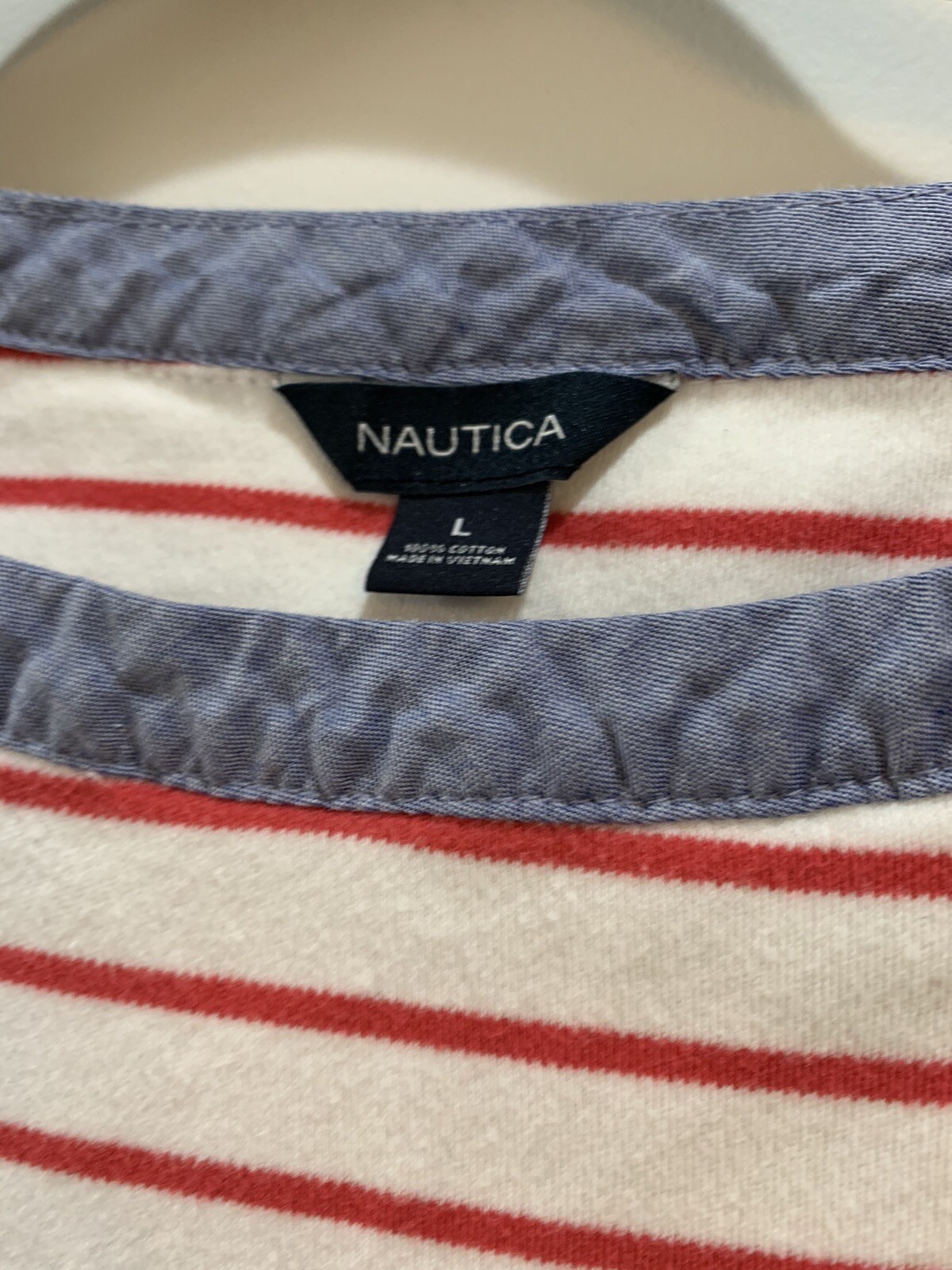 Nautica Red/White Stripes 3/4 Cuffed Sleeve Tee Large Boatneck Cotton