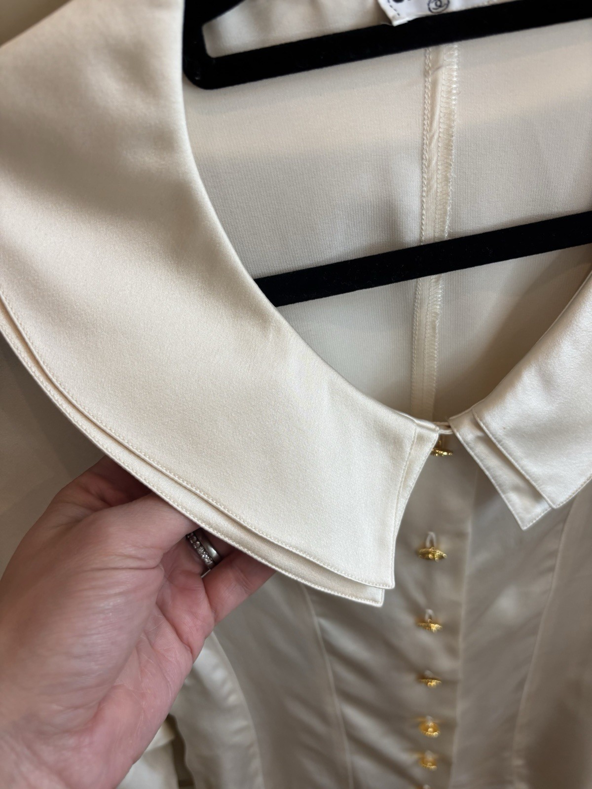 Chanel Vintage Silk Cream Blouse Gold Button Front Double Collar Old Money Vibe