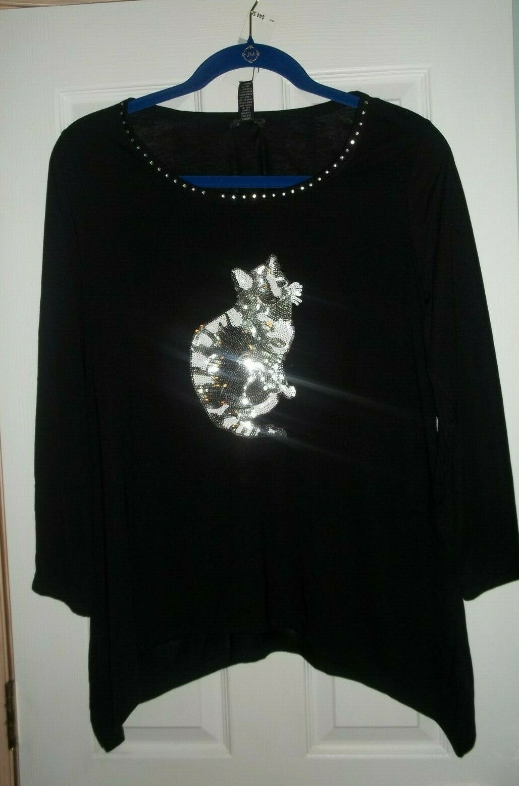 Black or Blue SILVER Sequin Kitty CAT T-Shirt Top Shirt Womens 1X or 2X NWT