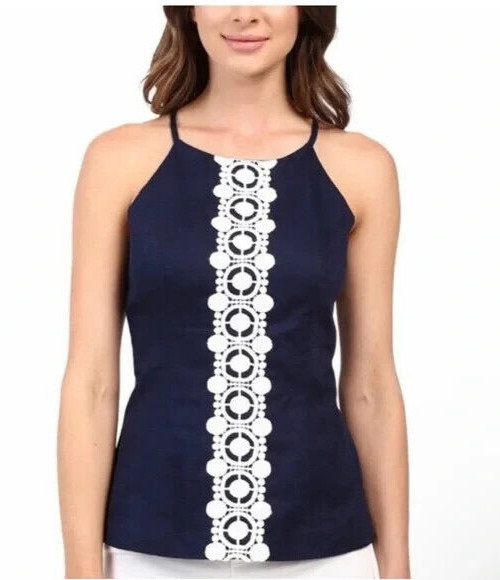 NWT Lilly Pulitzer Annabelle Halter Top Navy Anchors 0 00 XS Tank Cotton Lace