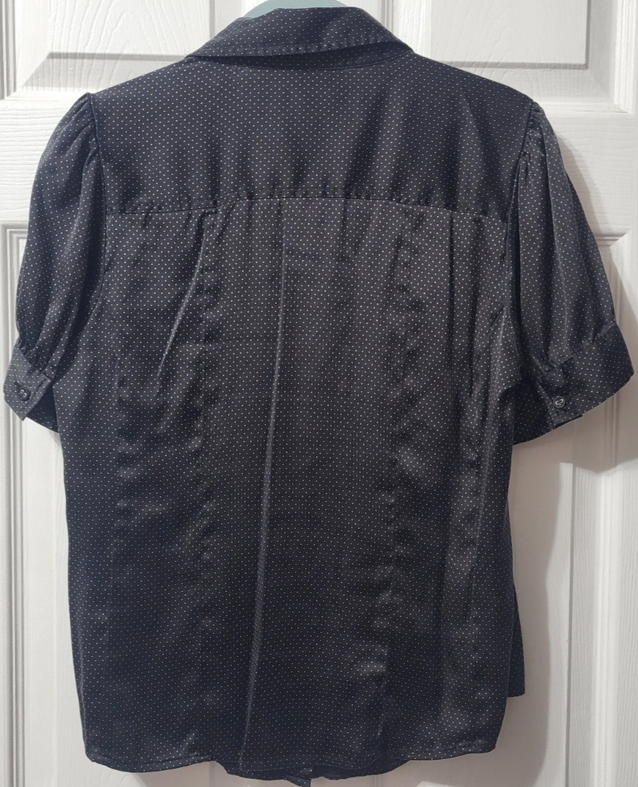 Dialogue Blouse Womens S Black Poka Dot Silk Collared Top Short Sleeve Button Up