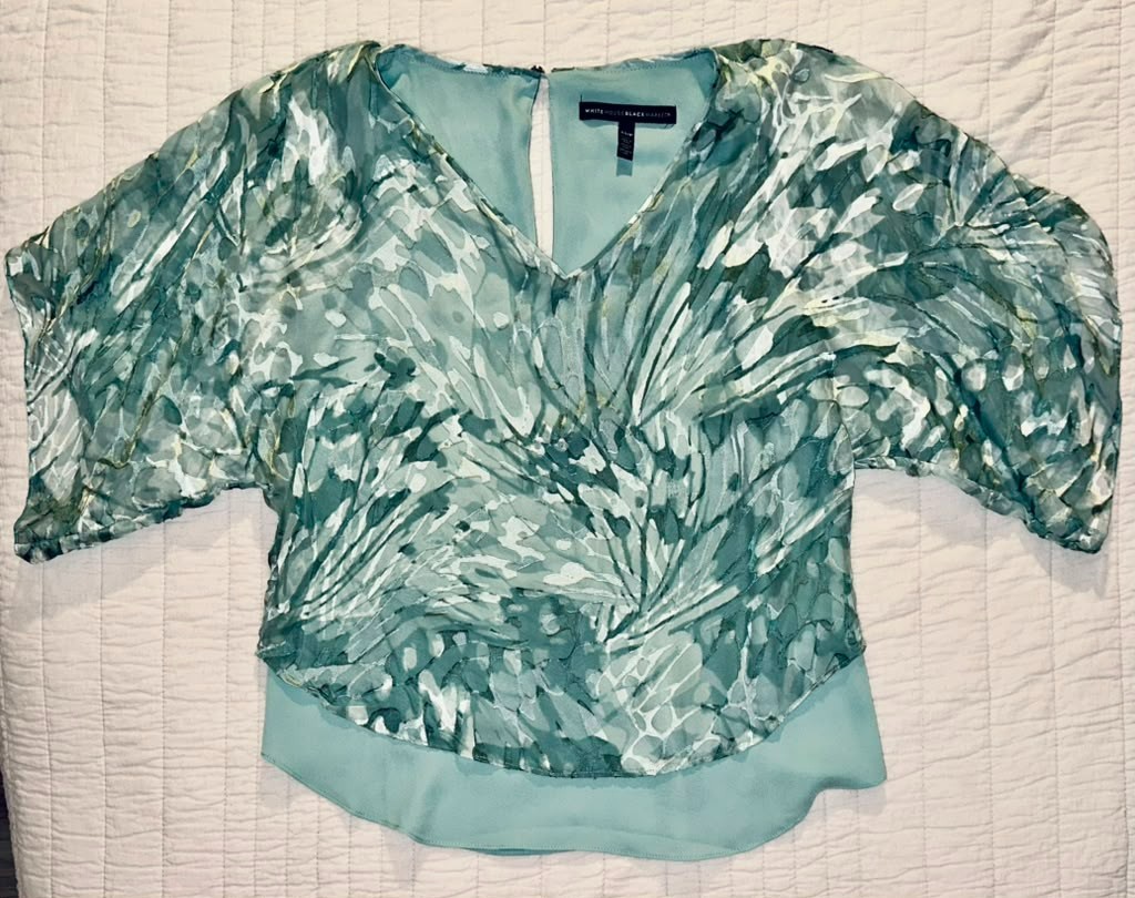 White House Black Market XXSP Petite Aqua Silk Blend Abstract Flutter Sleeve Top