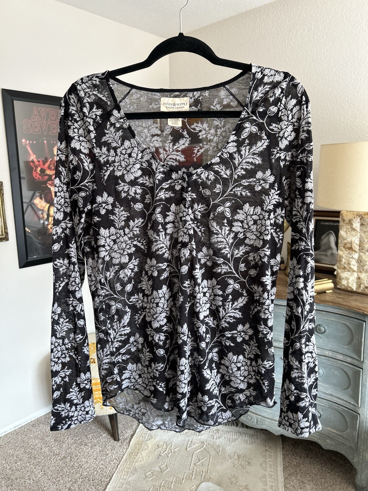 Vtg Ralph Lauren Burnout Damask Sheer Henley Top L Grunge Whimsigoth Dark Fairy