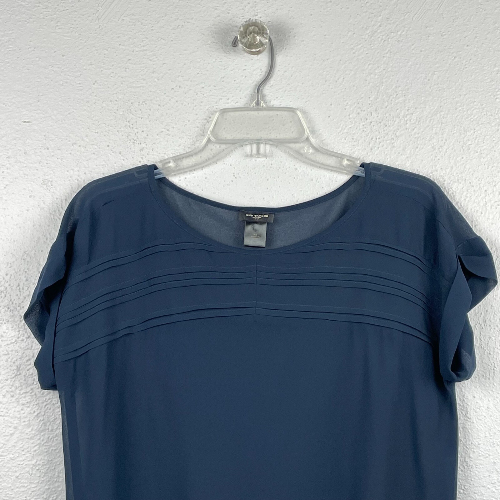 Ann Taylor Womens Navy Short Sleeve Sheer Elastic Waist Blouse Size XS