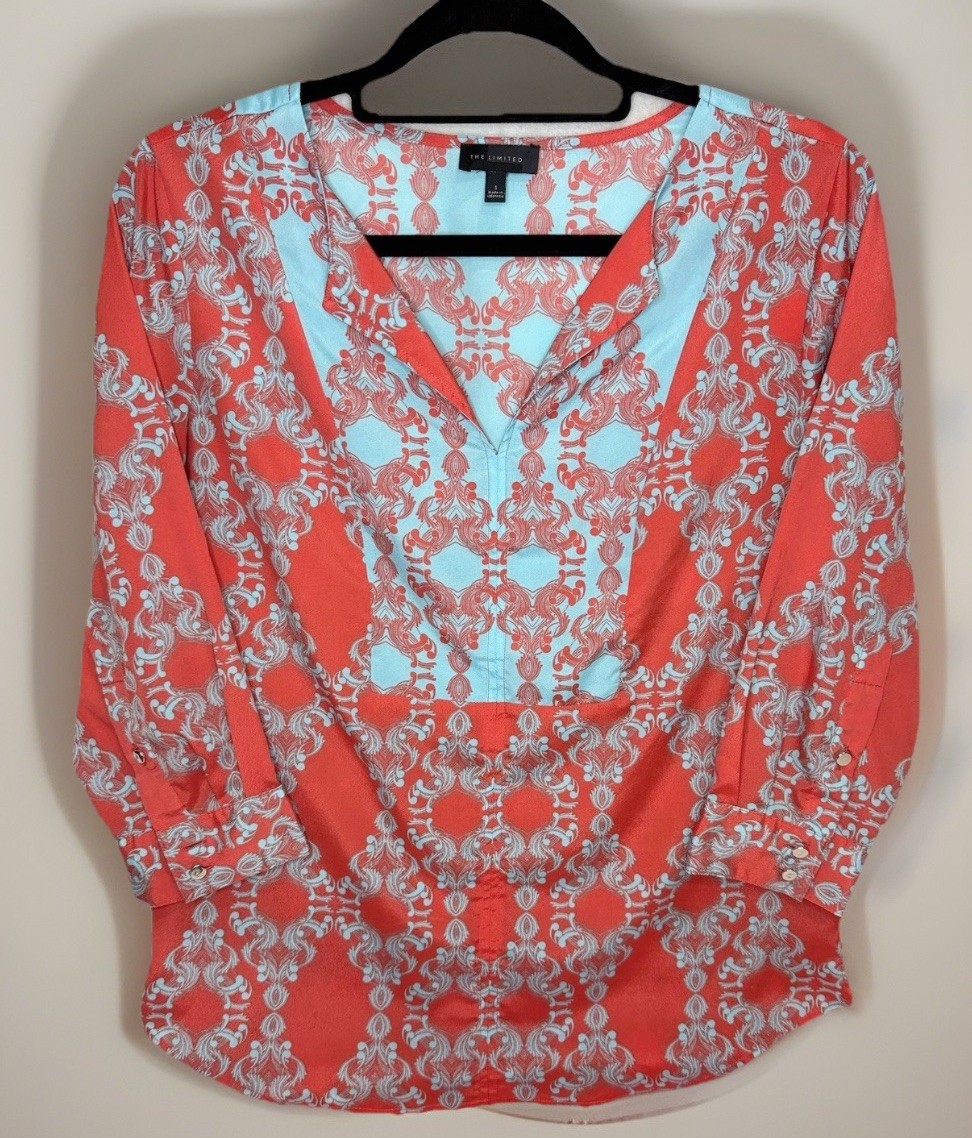 The Limited Women’s Small Orange White Scroll Print Split Neck Blouse Career Top