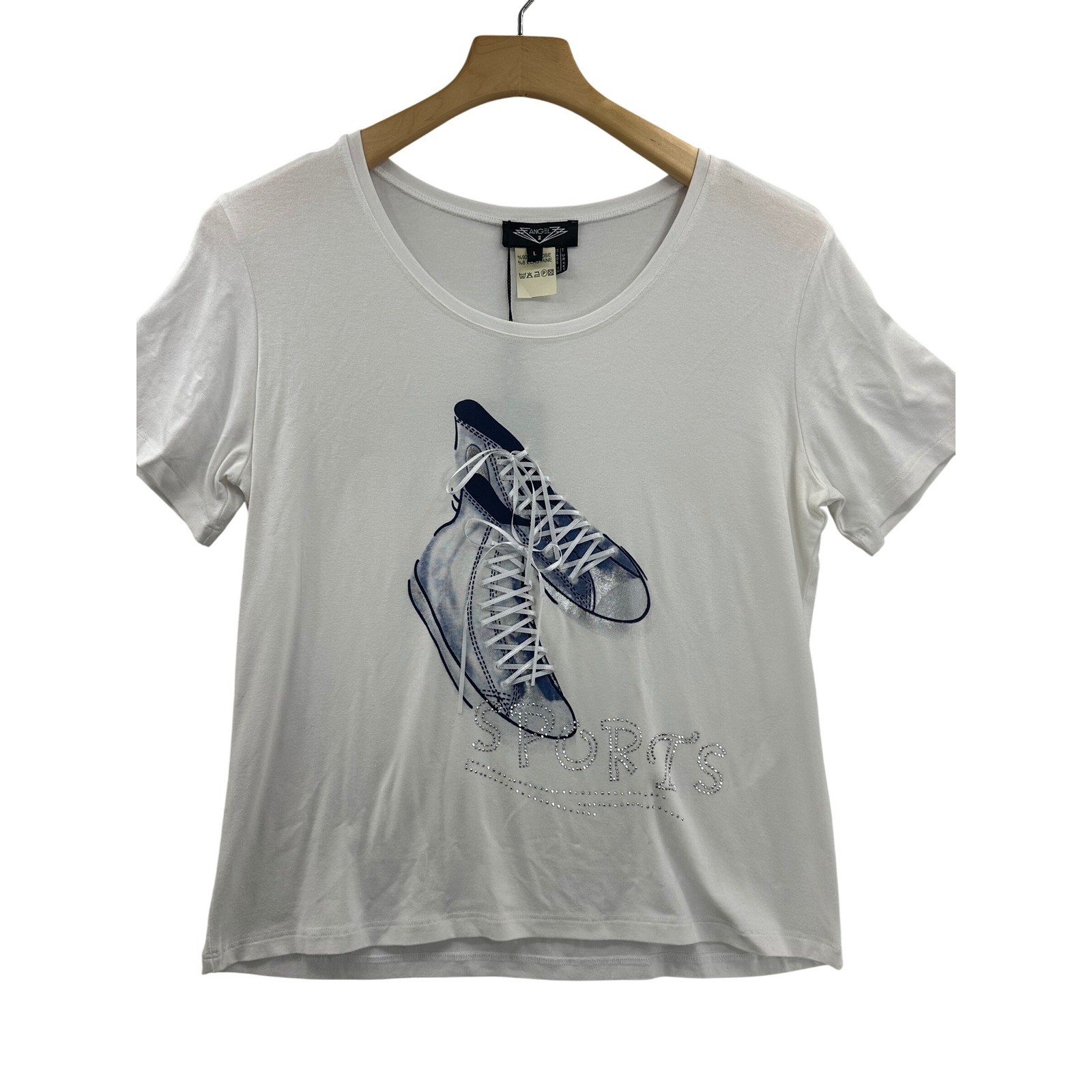 Angel II Women White Graphic T Shirt Sneakers Rhinestone SPORT Size L