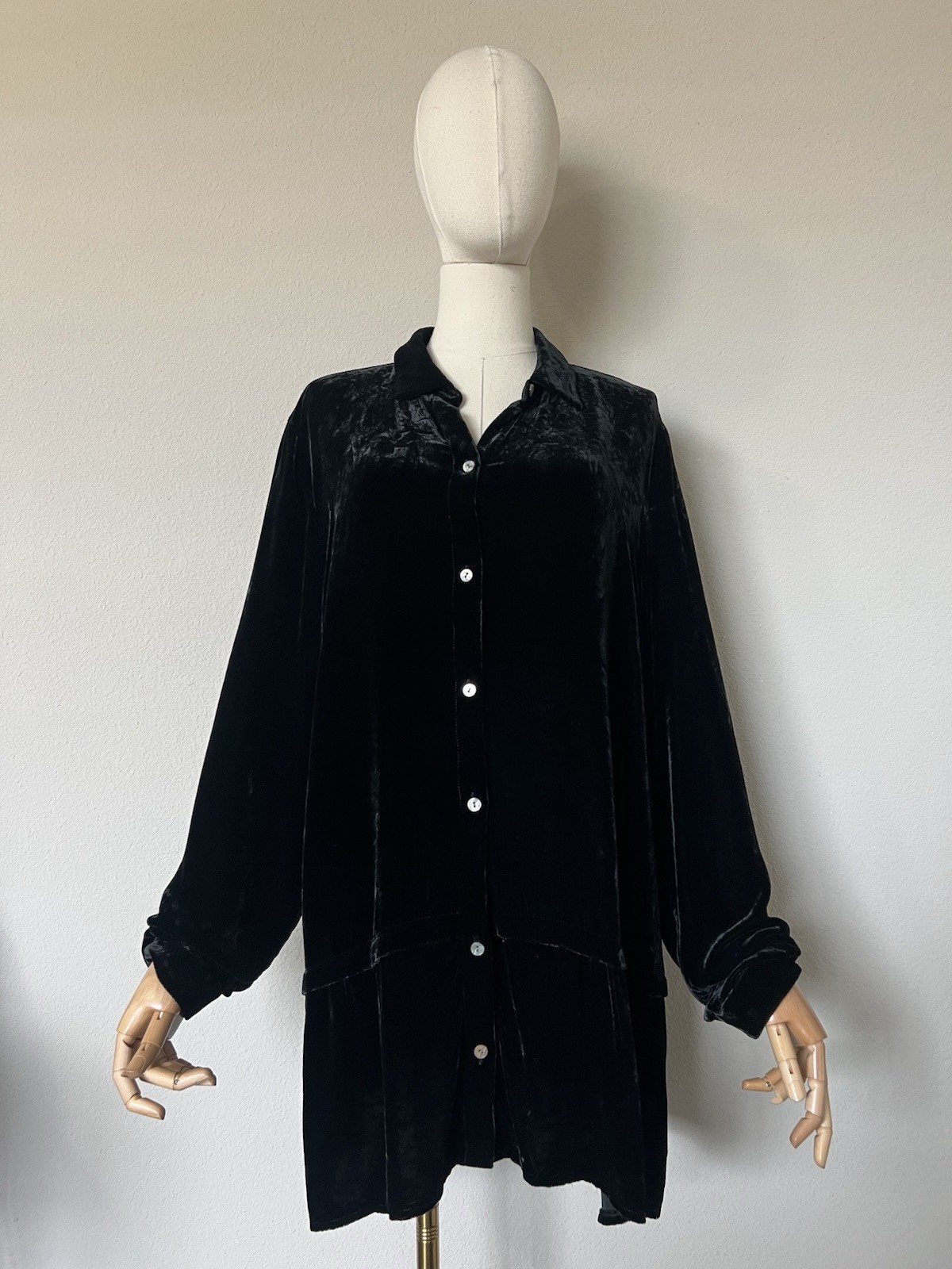 J Jill Top Womens L Tall Black Velvet Button Up Long Sleeve Tunic Silk Blend