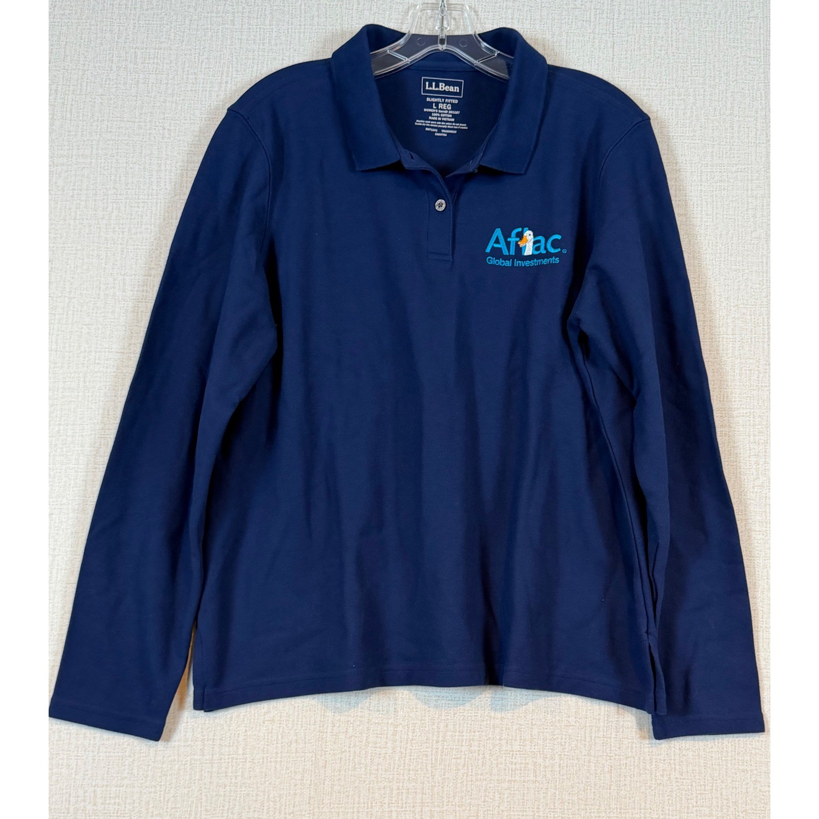 LL Bean Womens L Navy Blue Double L Long Sleeve Polo Corporate Endorsement Aflac