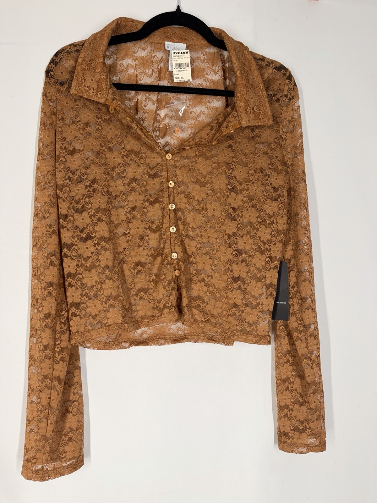 West of Melrose Floral Lace Collared Long Sleeve Button-Up Top Rust XL